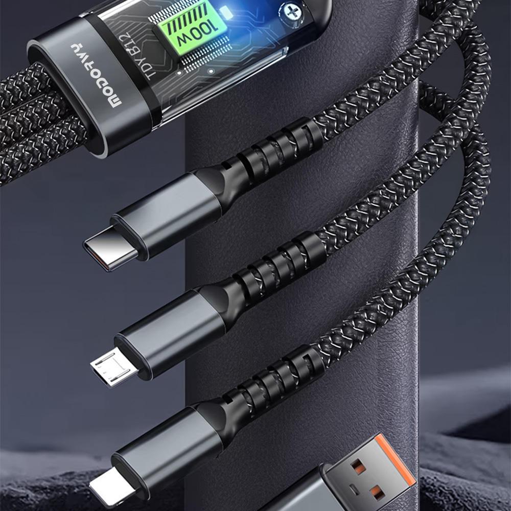 3-in-1 100W Phone Charging Cable, USB to Type-C Fast Charger Cable, Mobile Phone Charger Cable for iPhone 15 14 Samsung Xiaomi Huawei