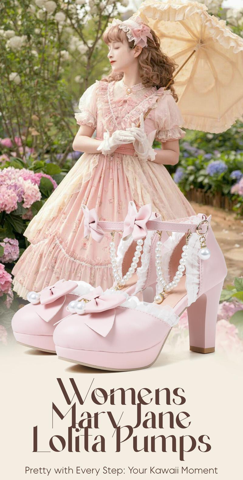 Womens Mary Jane Lolita Pumps Round Toe Platform Chunky High Heels Bow Ankle Strap Pearl Chains Party Gifts for her Wedding Dress Kwaii Cute Shoes Valentine Party Heels