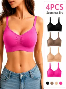 4-Pack Wireless No Underwire Bras for Women, Adjustable Pads, Seamless Comfort, Casual Fit, Medium Support, All-Season Wear, Lined Bralettes
