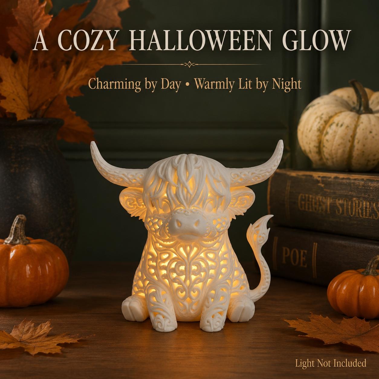 Highland Cow Lamp Shade for Halloween Decor, Cute Cow Head Light Cover with Warm Glow Effect, Rustic Farmhouse Tabletop Decoration,  Fall Home Decor (Light Not Included)
