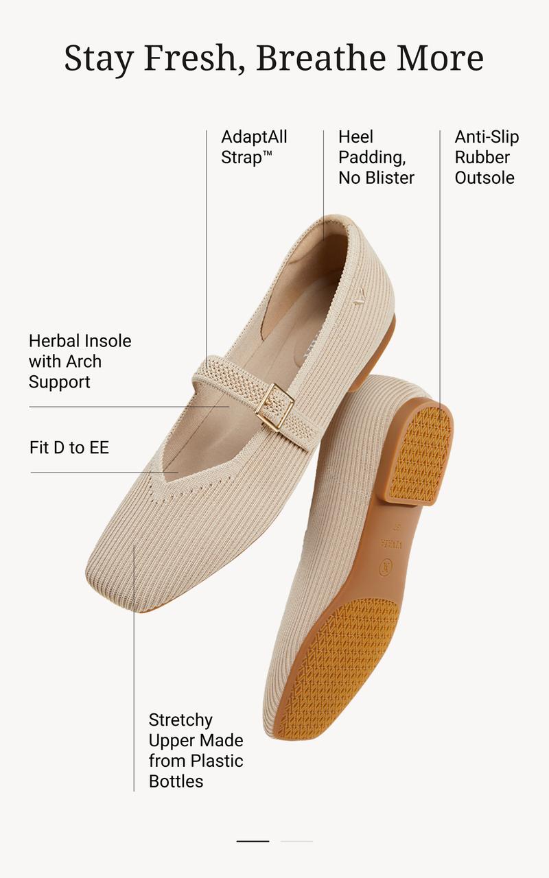 VIVAIA Women's Square-Toe Knit Mary Janes Ballet Flats,Adjustable Strap With Herbal Arch Support Insole,Machine Washable / Blister-Free Heel / Foldable & Lightweight Retro Chic (Margot Mary Janes) Free Shoe Charm Designated Color Until Sold Out Randomly