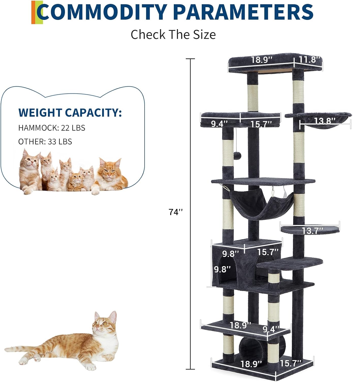 74" Large Cat Tree for Big Cats,Multi-Level Tower with Scratching Posts, Condo, Perches, Hammock, Tunnel & Feeding Station