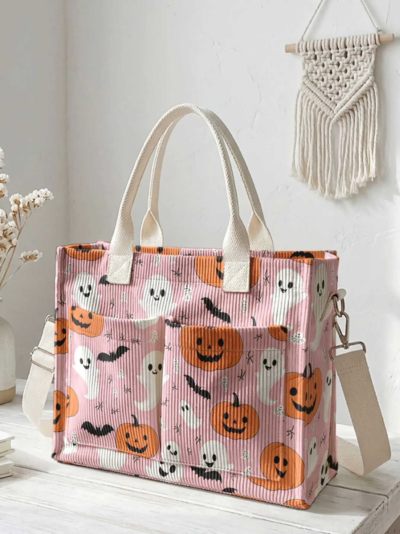 Halloween Ghost Pumpkin Print Travel Bag, Large Capacity Durable Crossbody Shoulder Bag, Multi-Pocket Design for Work Shopping Picnic