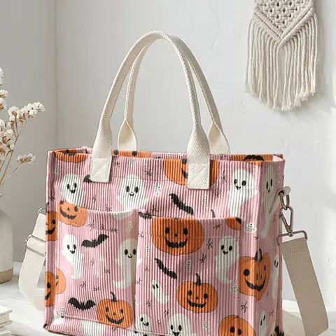 Halloween Ghost Pumpkin Print Travel Bag, Large Capacity Durable Crossbody Shoulder Bag, Multi-Pocket Design for Work Shopping Picnic, Multi Compartment Bag