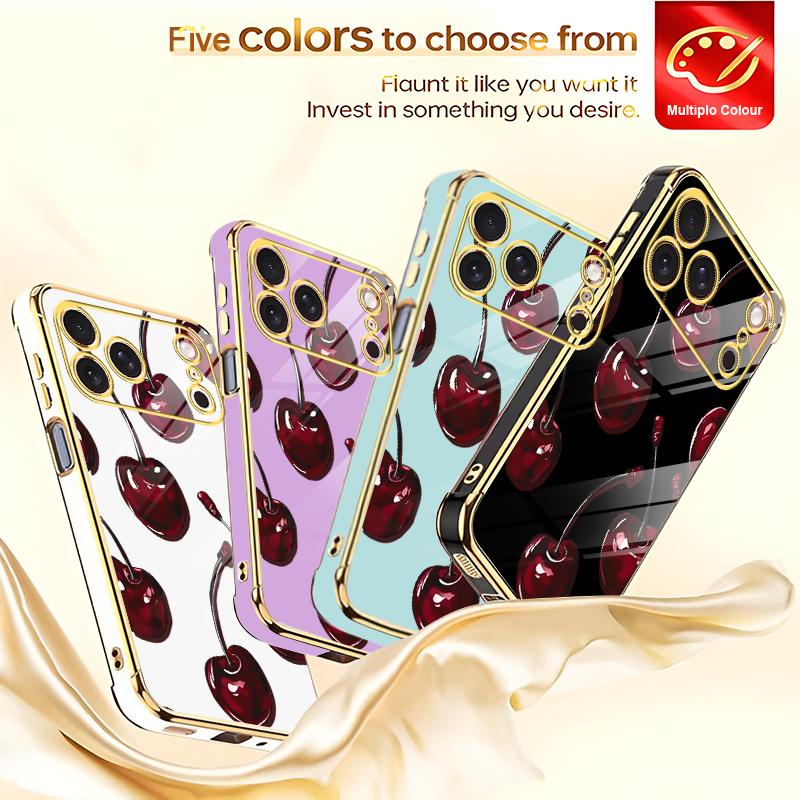 Vintage Cherry Coquette Phone Case — Glossy Dark Fruit Aesthetic, Gold Edges, Soft Cover for iPhone 17 Pro — 975