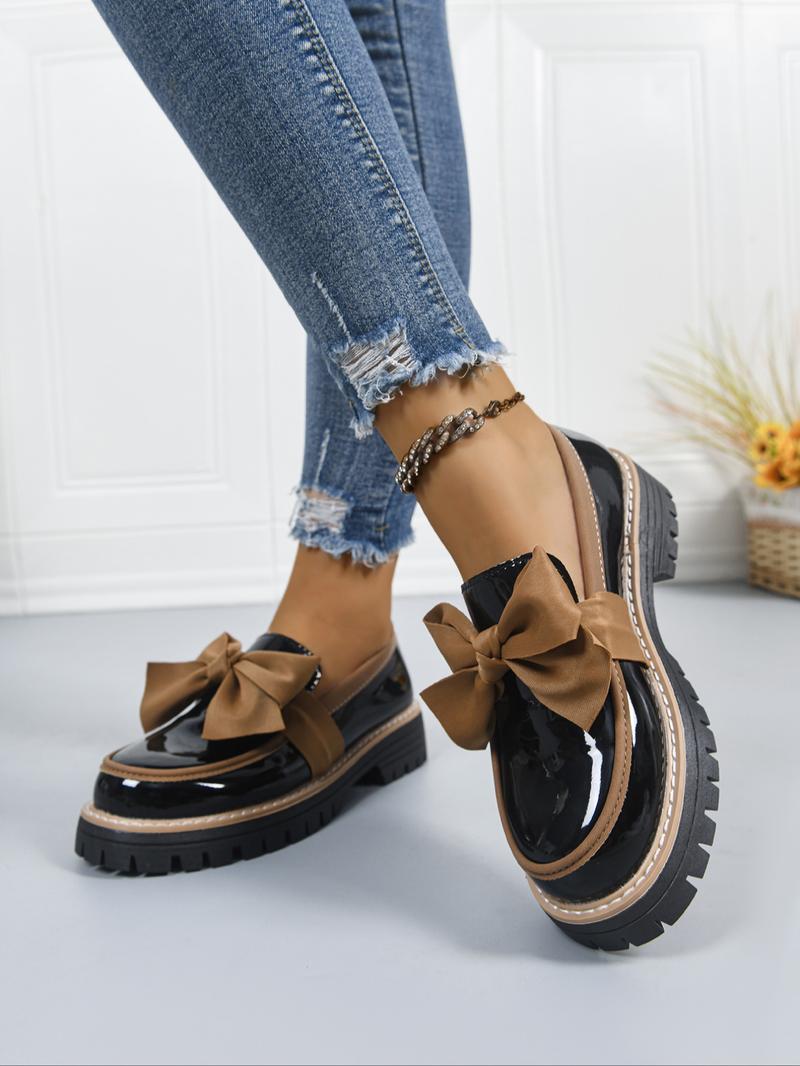 Women's Bowknot Loafers, Spring & Fall Casual PU Leather Shoes, Plain Pattern, Less Than Ankle Height, PVC Sole