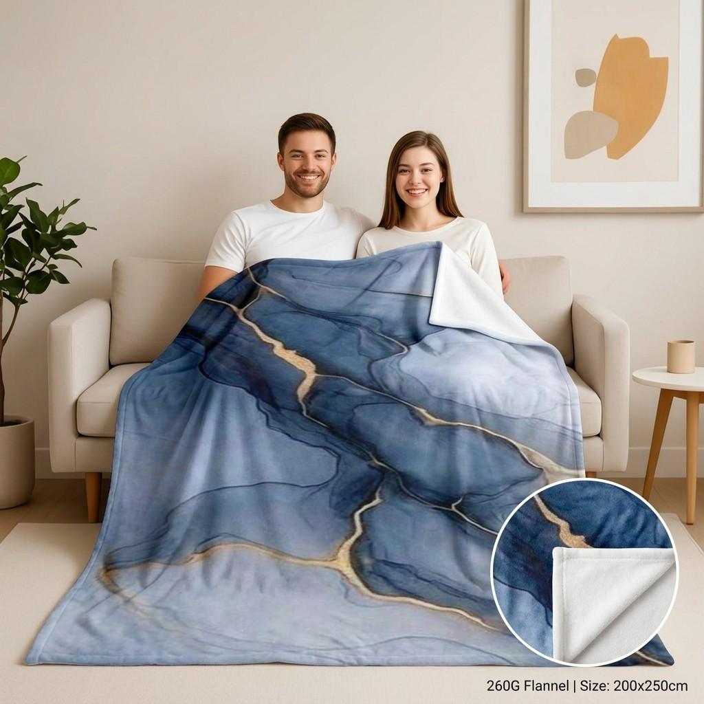 1 piece Blue-gray marble texture with golden crack design themed flannel blanket - All-season flannel blanket, suitable for sofas and beds, super soft and comfortable, modern design, digitally printed pattern, 100% polyester material, machine