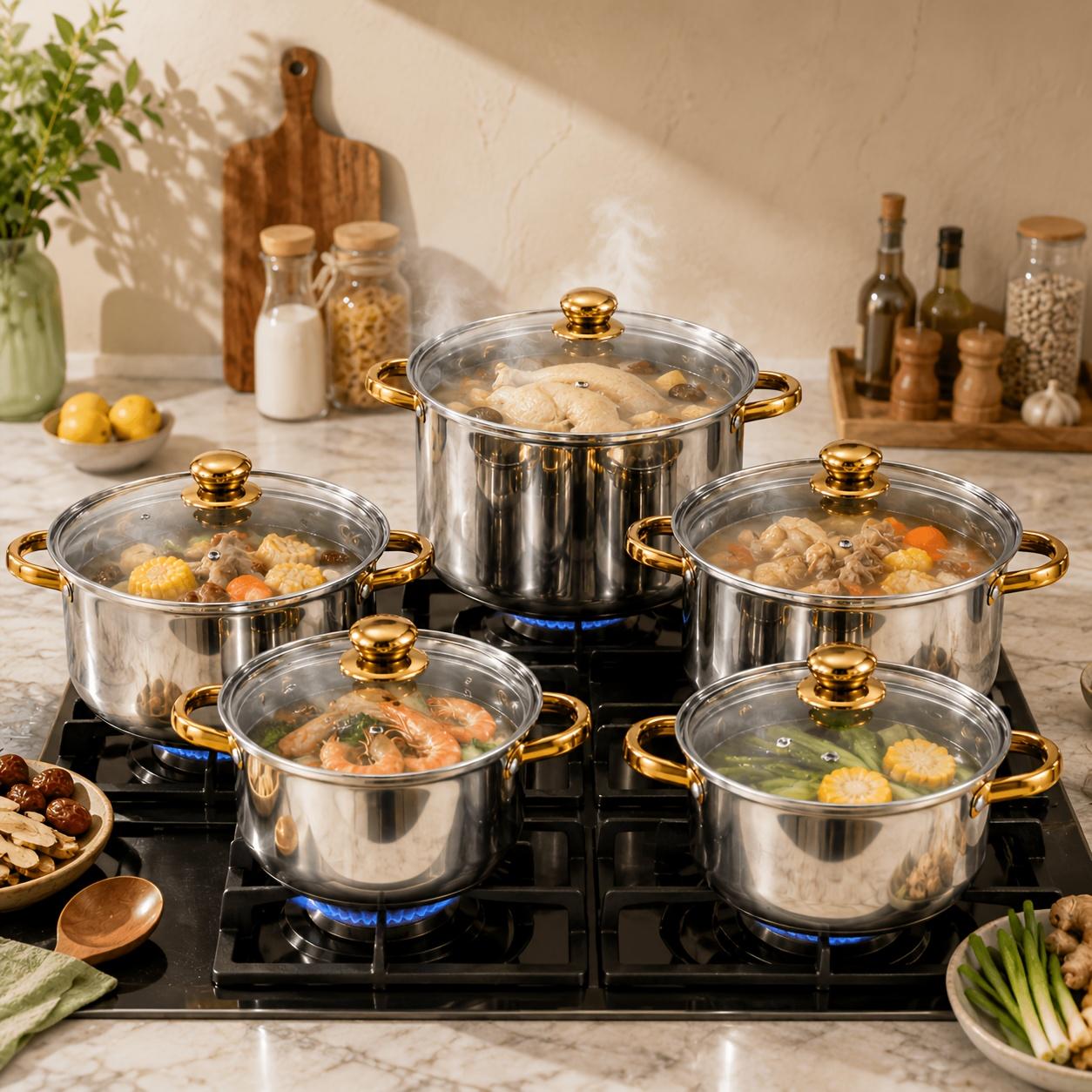 Stainless steel kitchenware set, including saucepan and frying pan set, with lid, non-toxic, oven and dishwasher safe, suitable for induction cooker, fast heating, uniform heat conduction, home cooking, gold, Non Toxic Pots And Pan Set
