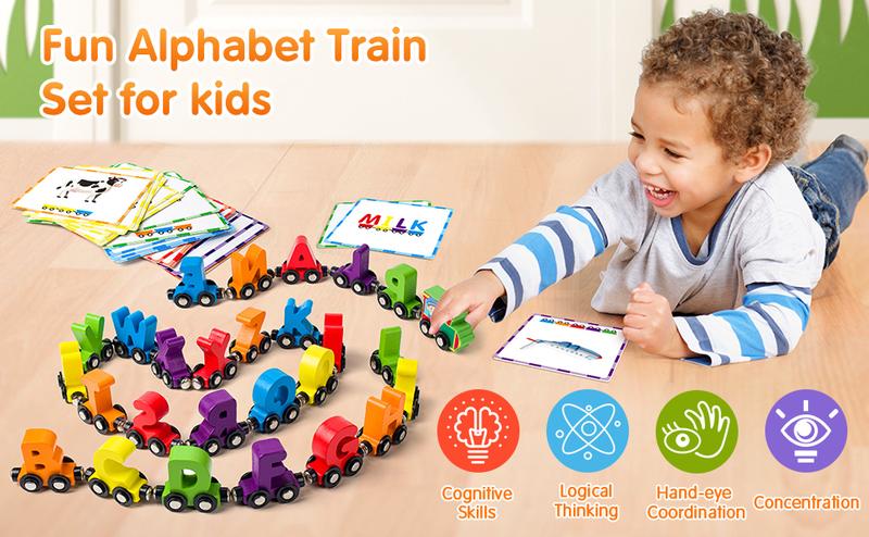 Vanmor 27 PCS Magnetic Wooden Alphabet Train Sets | ABC Letter Learning Toy Trains with 42 PCS Flash Cards, 1 Engine, 1 Storage Bag | Toddlers Kids Boys Girls Educational Toys，tamagotchi cart Play