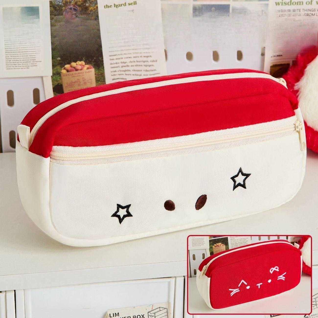 Apple Cat Embroidery Pen Bag, High-Quality Student Stationery Box with Excellent Appearance, Simple and Large Capacity Pencil Box