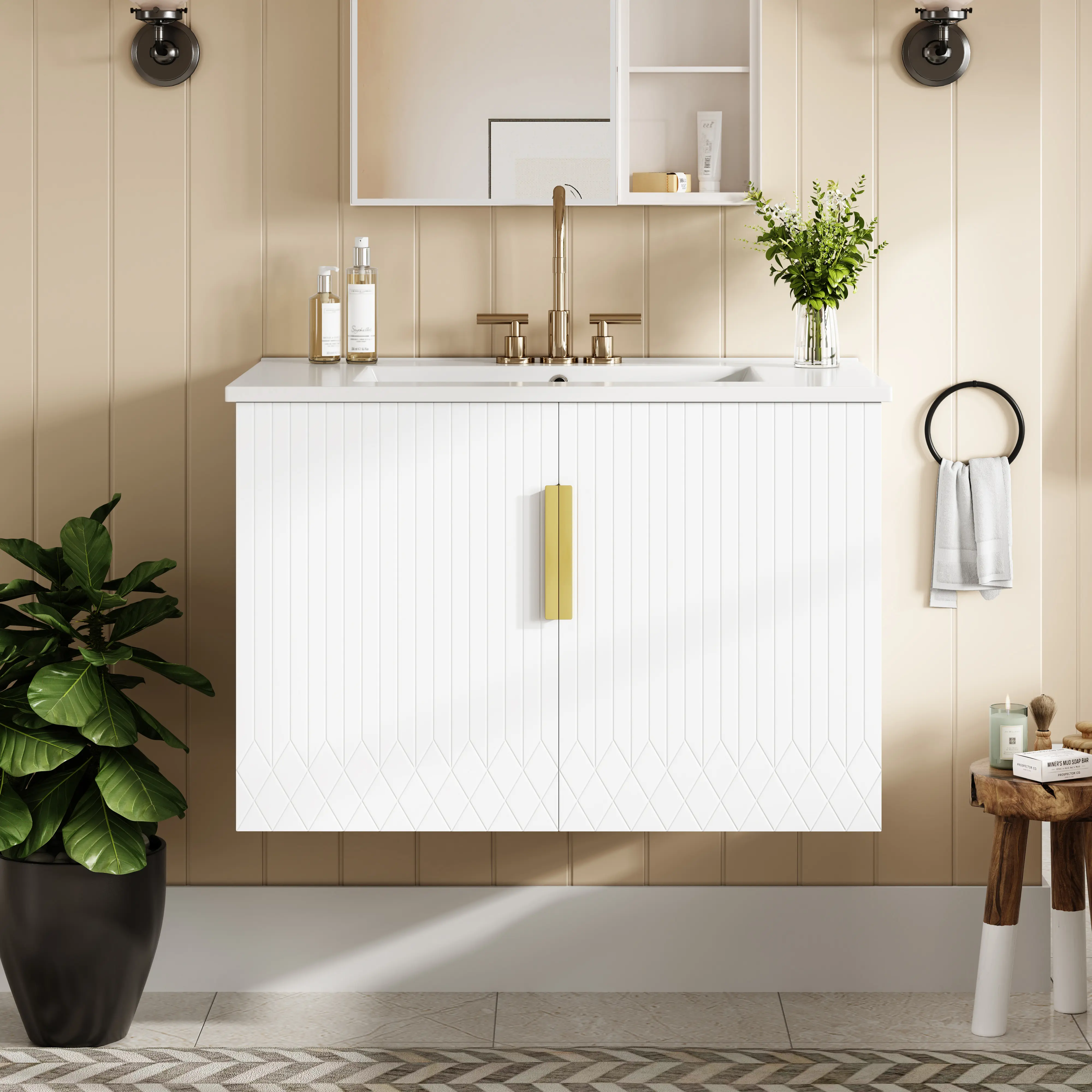 Nokaa 30-Inch Vintage Bathroom Vanity with Ceramic Sink, Solid Wood & MDF Floor Cabinet, 2 Soft-Close Doors, Adjustable Shelf, Wall-Mounted Design, White Finish, for Bathroom Storage and Organization
