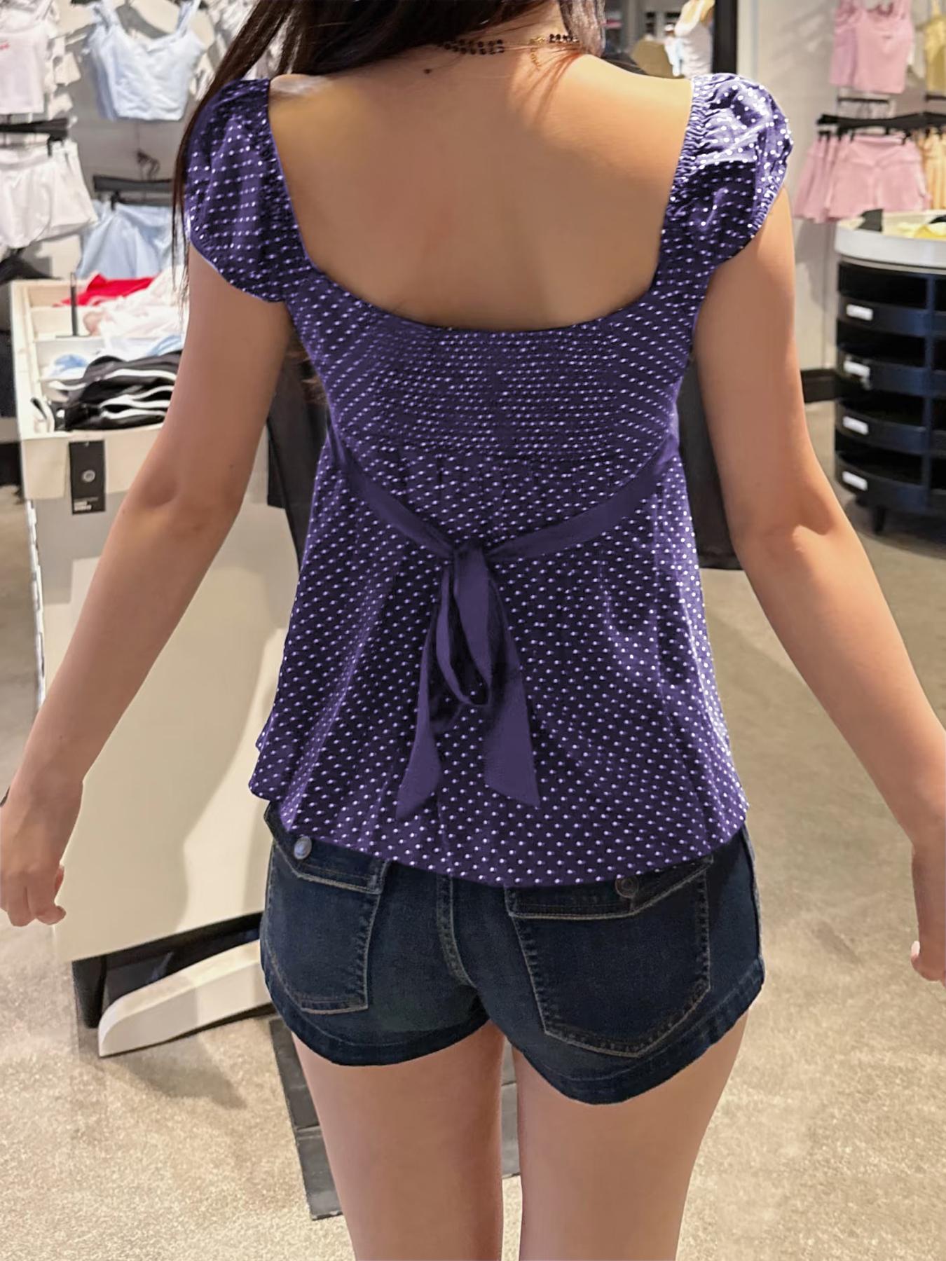 Polka Dot Square Neck Tie Top Blouse Shirts, French Vintage Style Slim Fit Top, Perfect for Daily and Dates, Women's Fashion