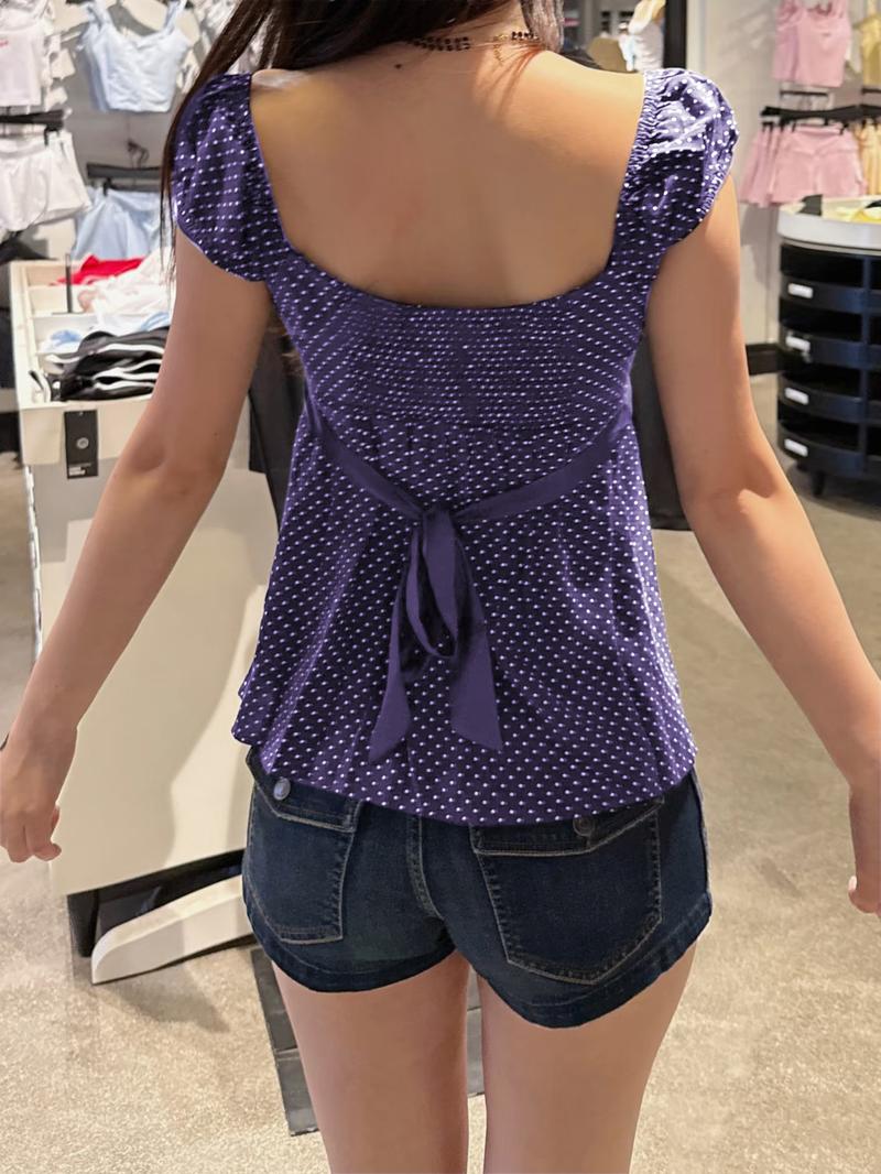 Polka Dot Square Neck Tie Top, French Vintage Style Slim Fit, Perfect for Daily and Dates, Women's Fashion Polka Dot Square Neck Tie Top, French Vintage Style Slim Fit, Perfect for Daily and Dates, Women's Fashion