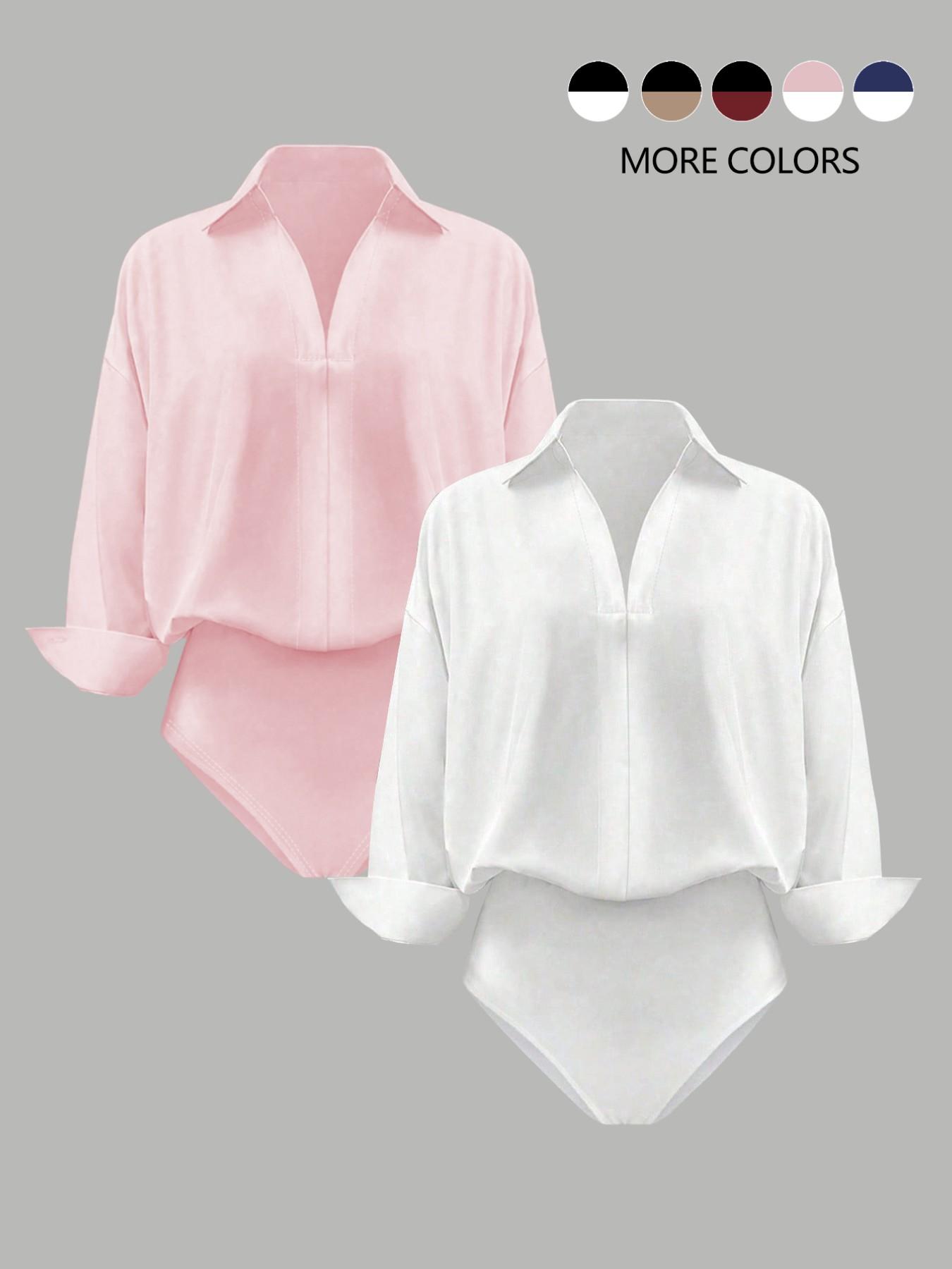 Women's casual loose V-neck long-sleeved shirt jumpsuit, elegant woven fabric, slim fit, suitable for all seasons, and can be layered flexibly.