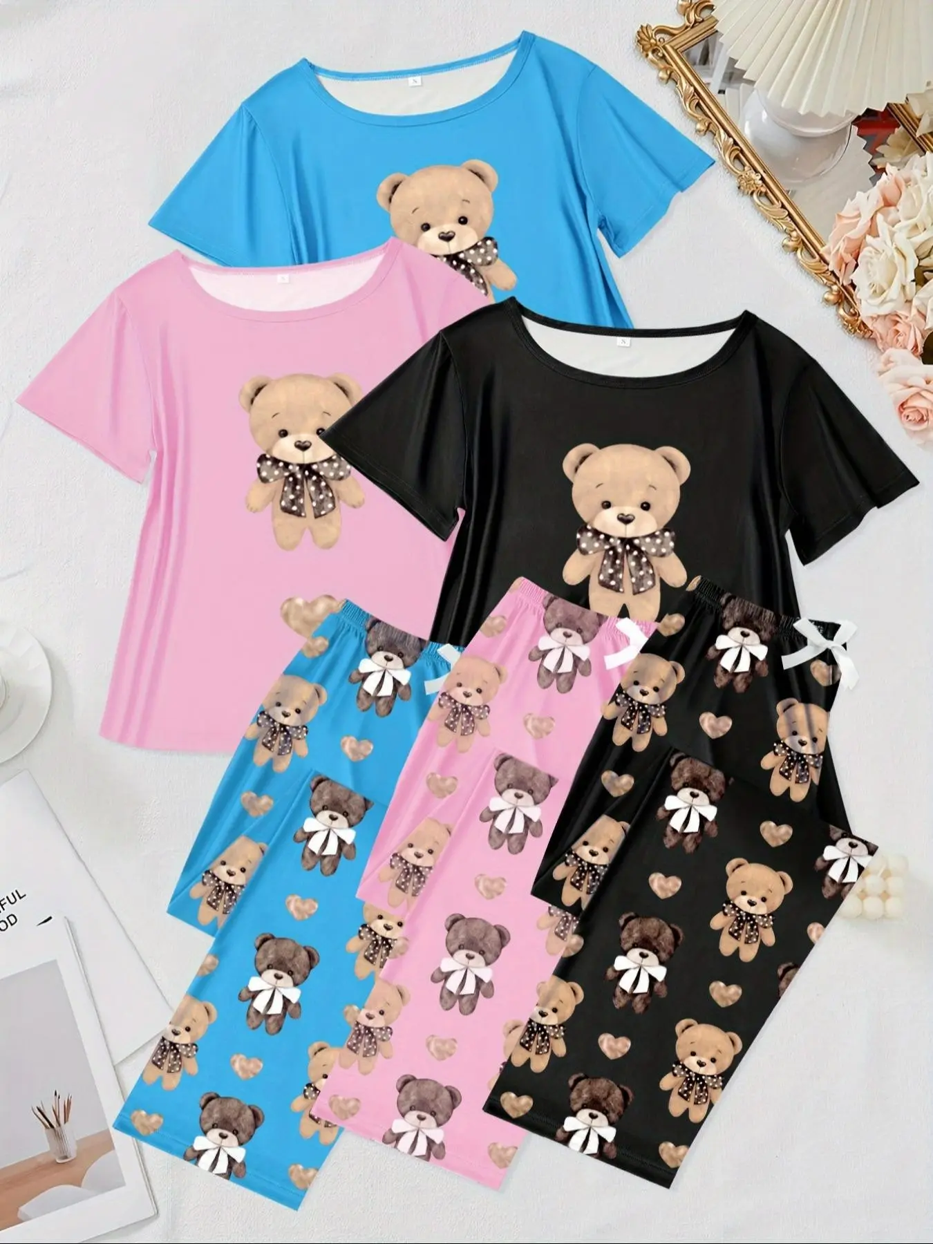 6-Piece Heart Print Pajama Set, Short Sleeve Round Neck Top and Elastic Waist Pants, Women's Sleepwear and Casual Wear