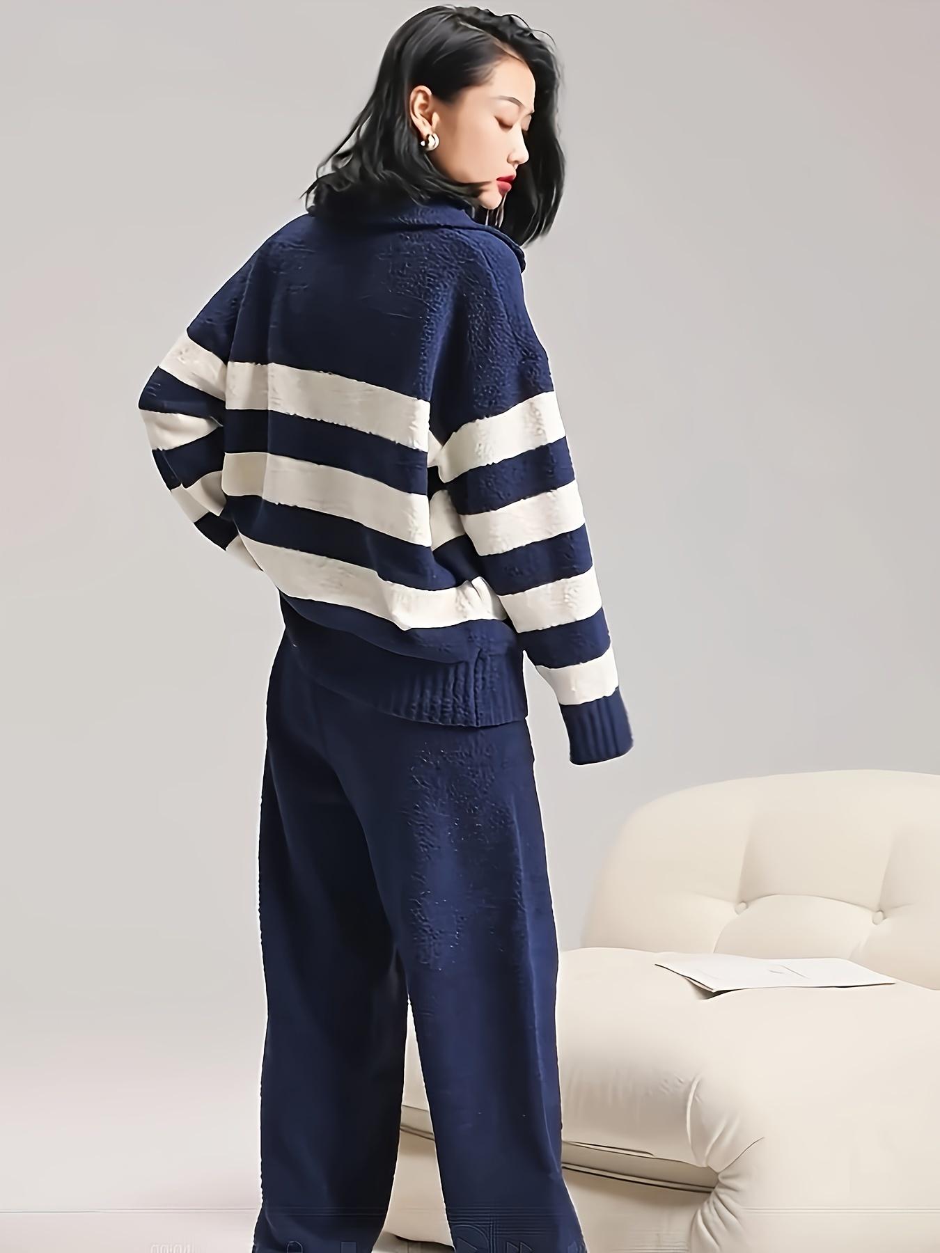 Women's Fall Winter Coral Fleece Striped Pajama Set, Long Sleeve Top and Pants, Loose-Fitting Casual Homewear, Knit Loungewear, Outer Wear Sleepwear