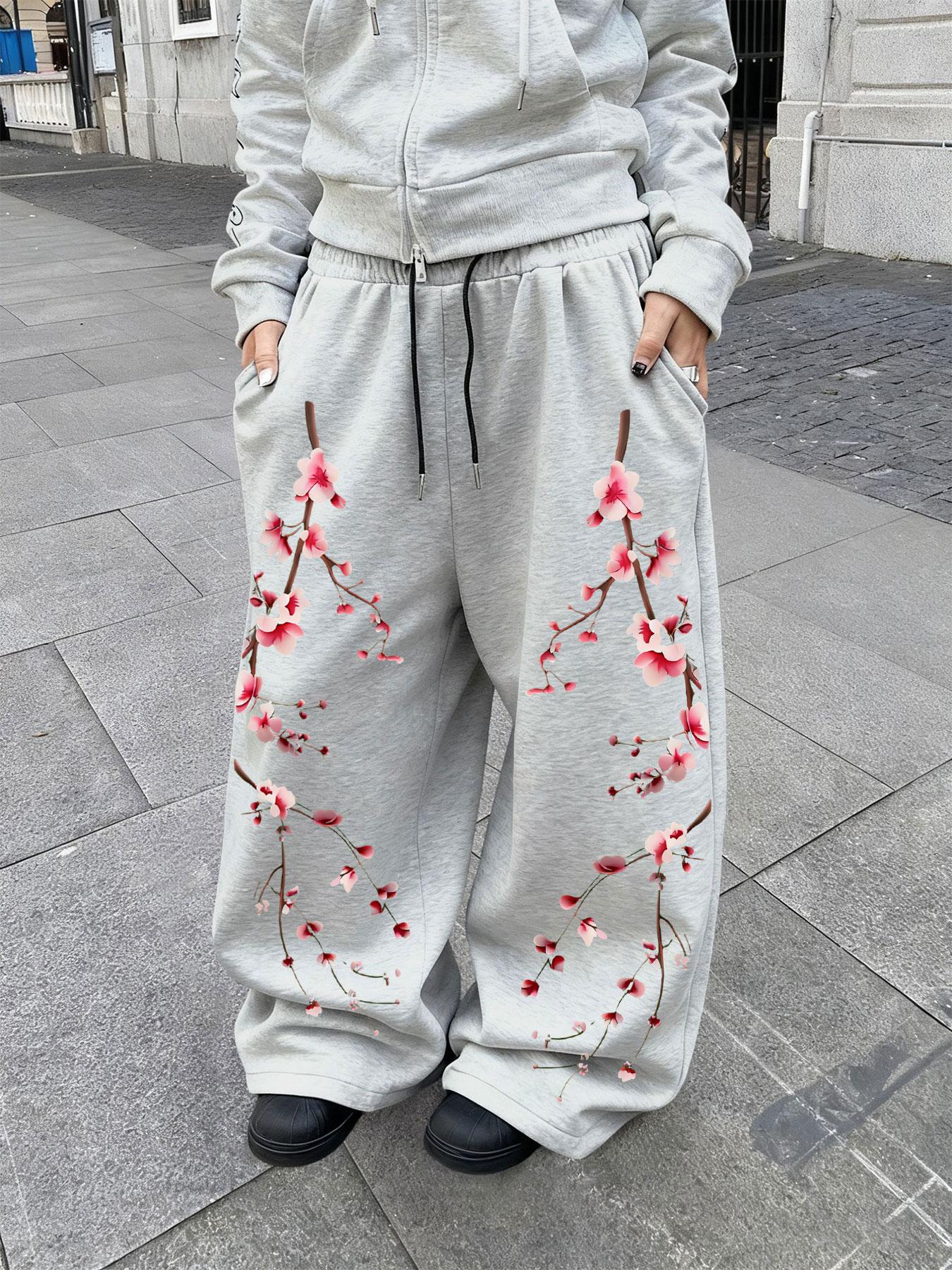 Unisex Waist Drawstring Straight Leg Loose Pants, Floral Print, Casual Comfortable Daily Wear, All Seasons, Sporty & Home Clothing