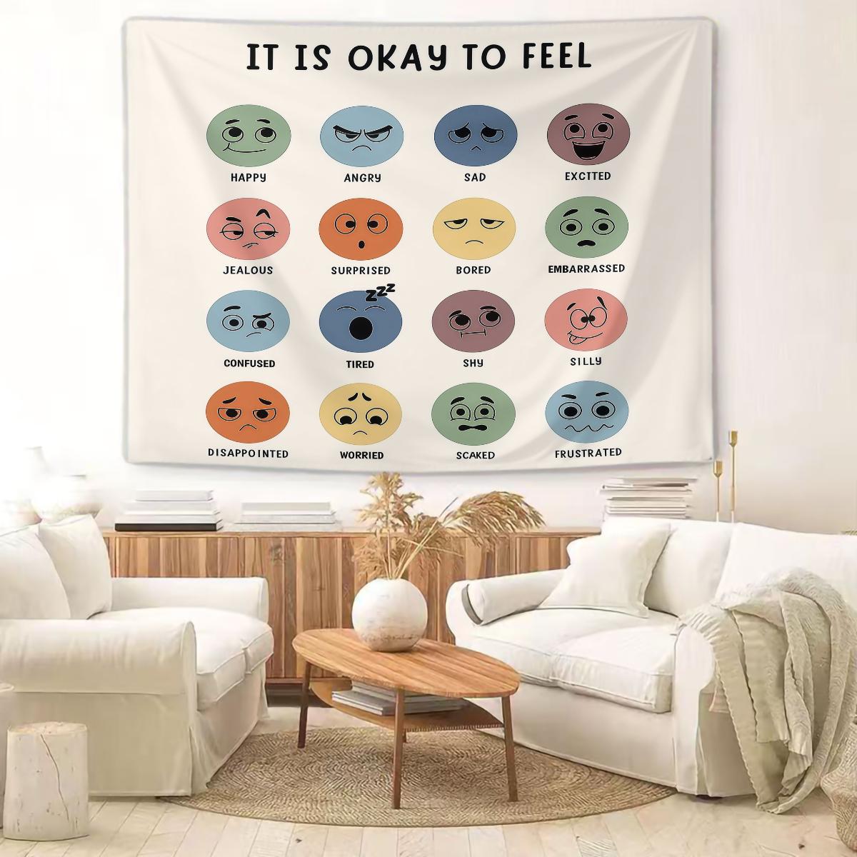 It Is Okay to Feel Emotion Chart Tapestry, Mental Health Awareness Wall Hanging, Colorful Mood Faces Tapestry for Bedroom Living Room Office, Positive Affirmation Wall Decor, Ideal Gift for Teens & Adults