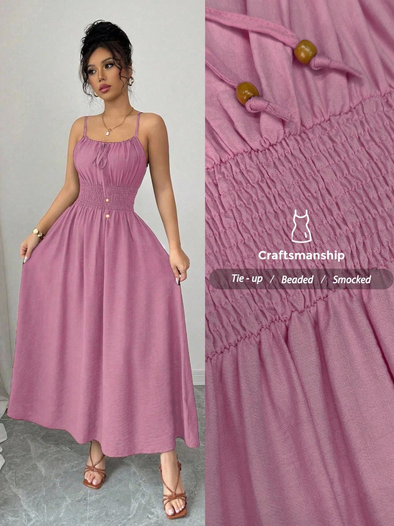 A women's fashionable and high-end French gentle style waist cinching spaghetti strap camisole dress with lace up bead design, suitable for summer, beach wear, dates, dinners, and travel Straps Summer Dress