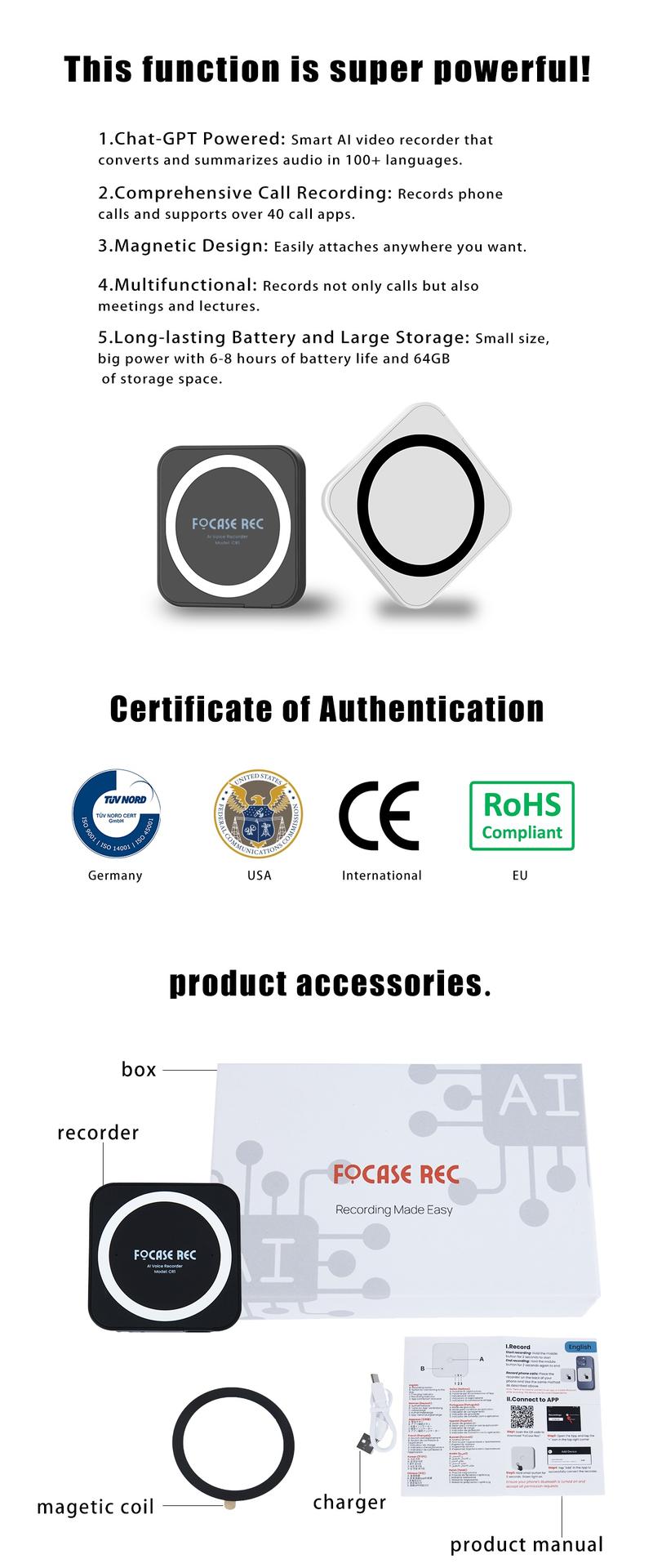 AI Digital Voice Recorder with Transcription & Summary,Perfect for Bussiness Profession, Couple, 64GB, Supports 100 Languages, Call Recording, App Control, Secure, Magnetic Design (Black) recorder AI Voice