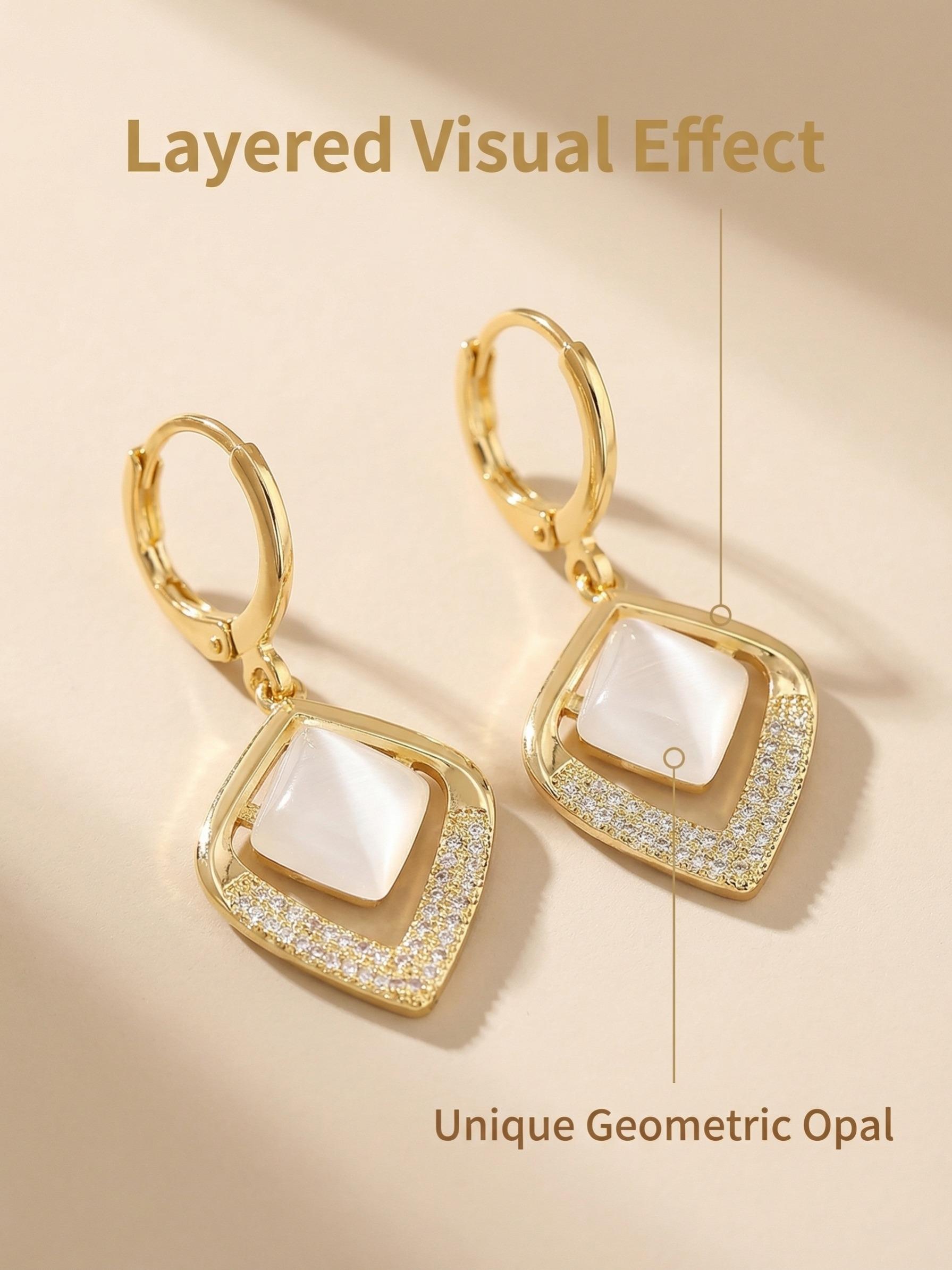 Geometric Rhombus Cat Eye Stone Zircon Earrings, Lightweight Luxury Commuter Jewelry, Versatile Ear Cuffs for All Occasions