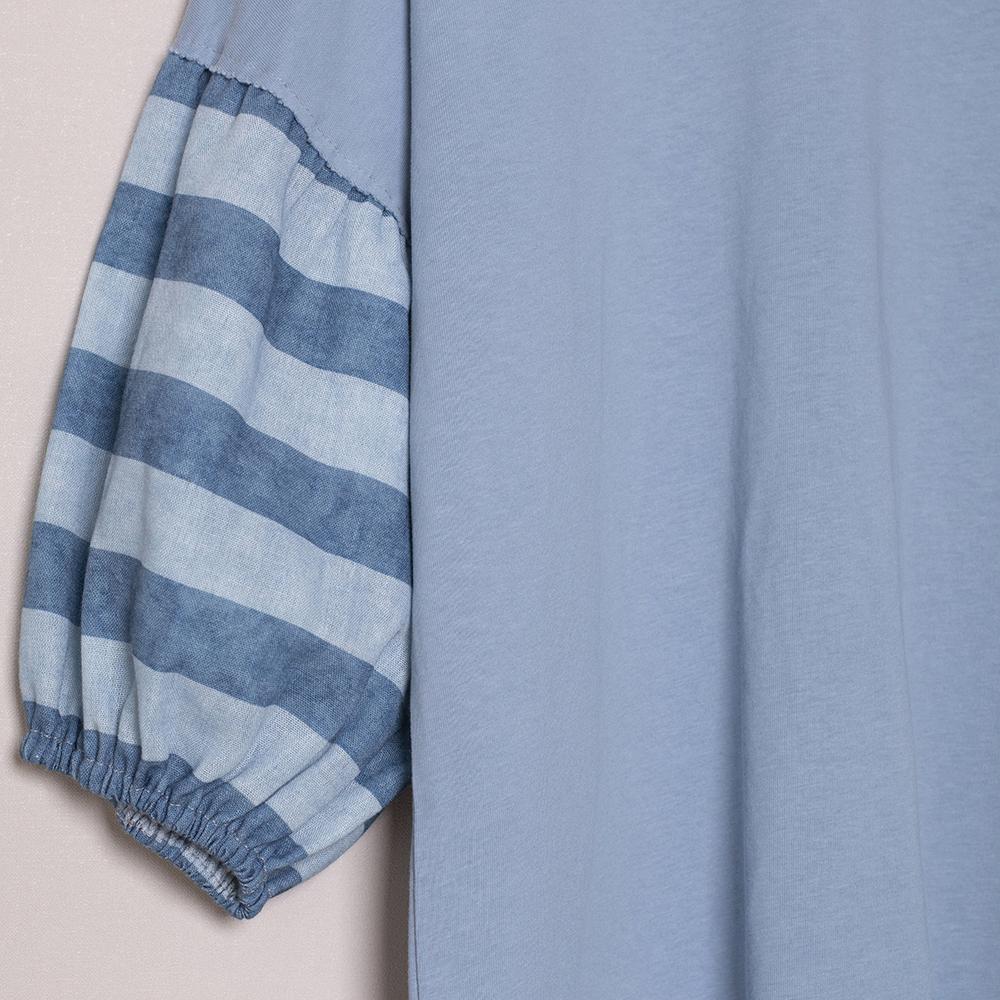 SageVell Vintage Wash Blue Sweatshirt Oversized Top Striped Puff Sleeve Shirt for Effortless Casual Chic Style Outdoorfun Fit Womenswear Round Neck Cotton