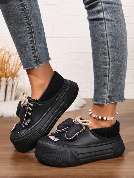 Women's Plus Size Winter Plush Fuzzy Warm Slippers, Indoor Cozy Silent Home Slippers with Cute Bowknot, Casual Shoes