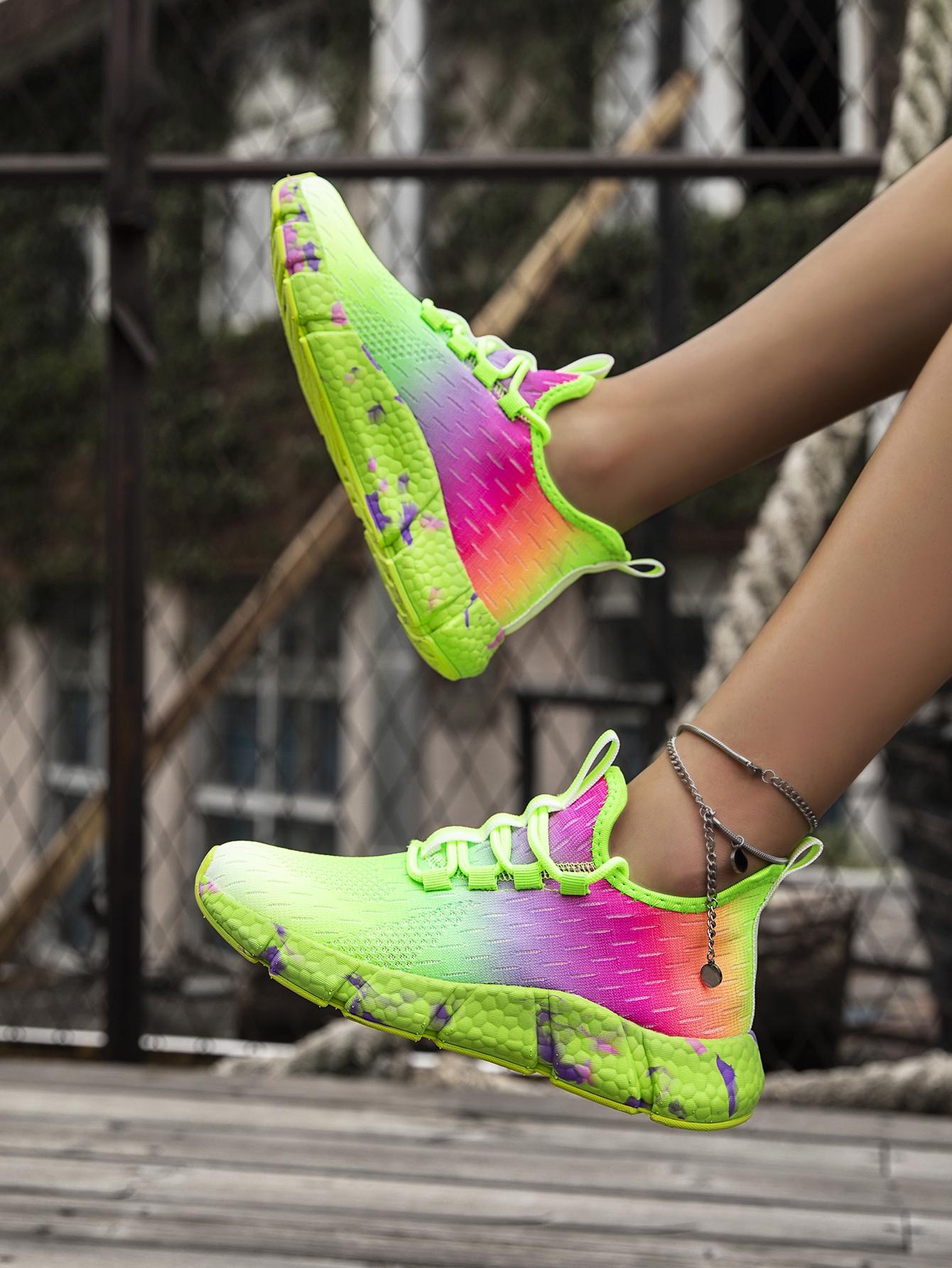 Women's Fluorescent Gradient Mesh Running Shoes, Breathable Flyknit Sneakers, Soft Sole, All-Season Fashion Footwear