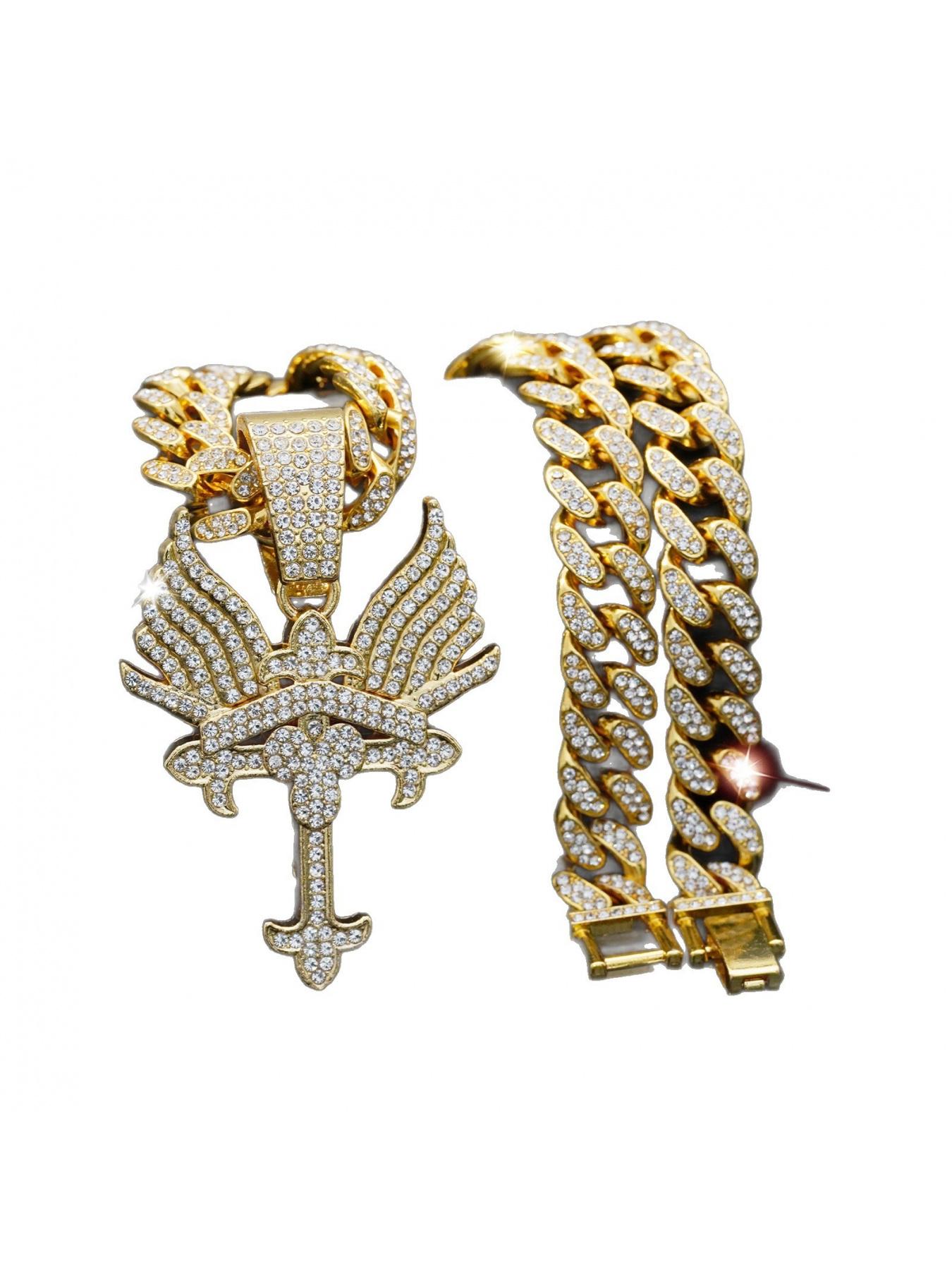 Full-diamond winged pendant, fashionable and creative alloy Cuban chain, personalized trendy necklace accessory