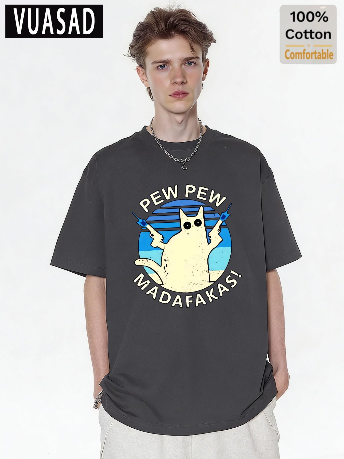 Vuasad Men's 100% Cotton Short Sleeve T-Shirt, Cute Cat Dog Print, Loose Fit, Casual Style, Long Sleeve, Trendy Fashion