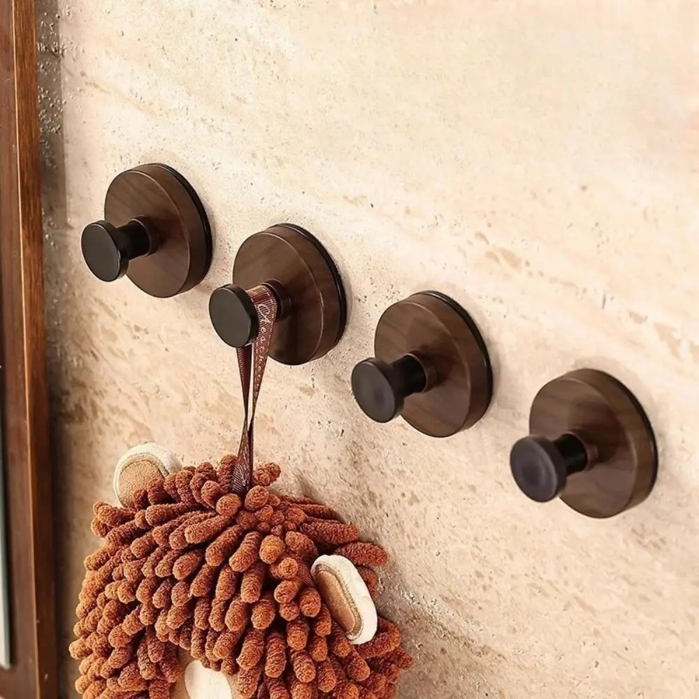 4 Pack Walnut Wood Grain Wall Hooks No Drill Suction Cup Adhesive Wall Hanger Removable Waterproof Hook for Bathroom Kitchen Towel Hat Storage
