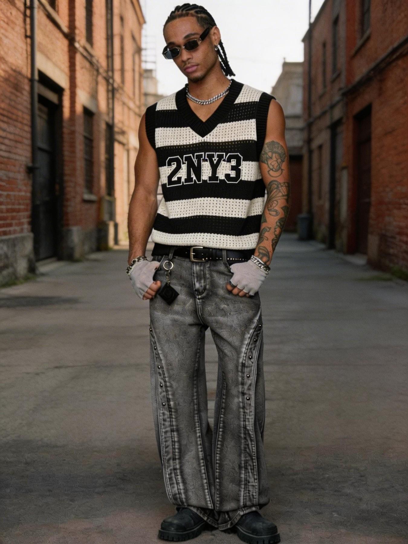 Men's 2NY3 Striped Hollow Out Knitted Vest | V-Neck Streetwear Sleeveless Top Menswear