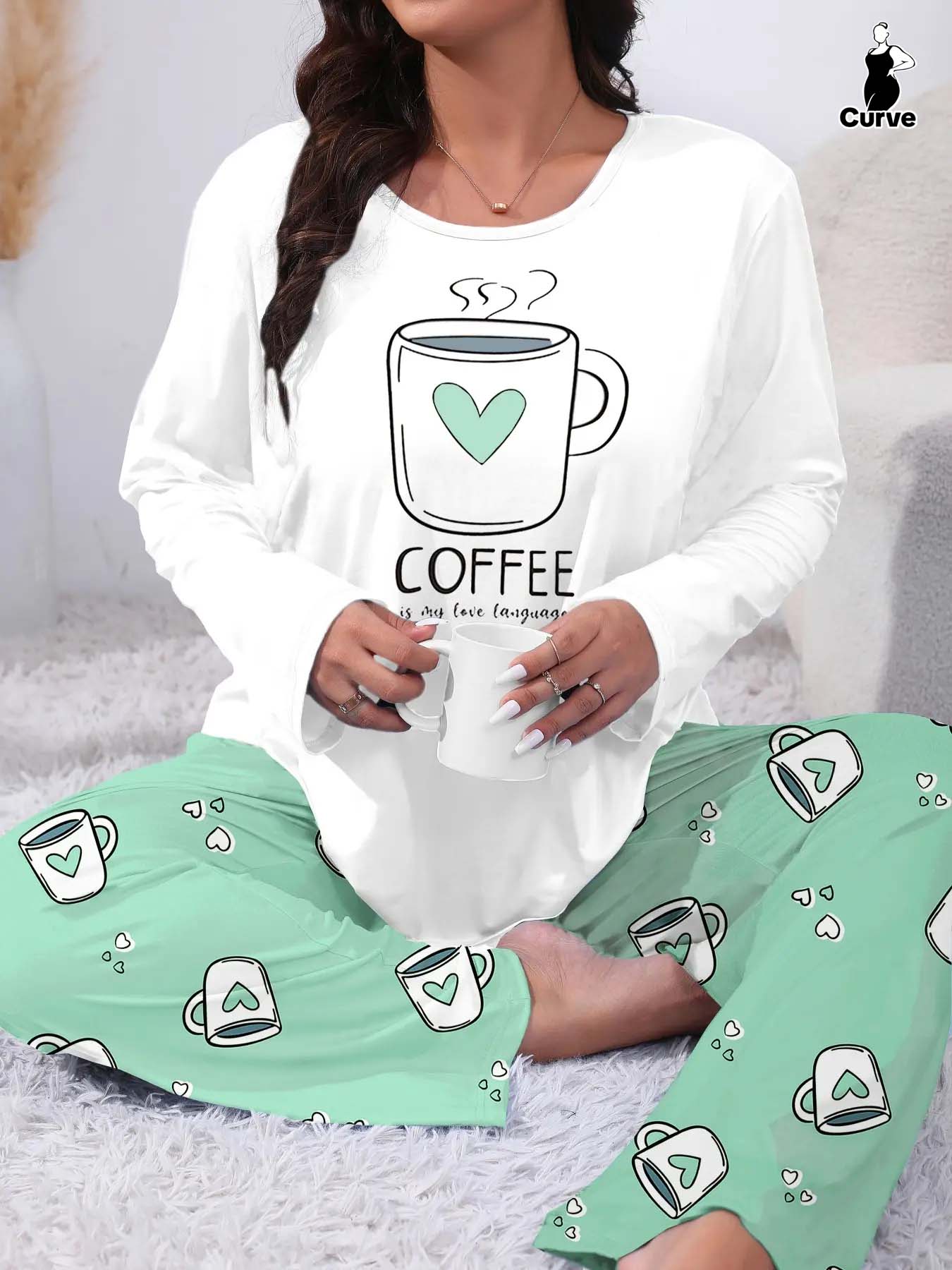 【Plus Size】 Two-piece Set Heart & Letter Print Tee & Pants Pajama, Casual Comfy Round Neck Long Sleeve T-shirt & Trousers Pajama Set, Women's Sleepwear for All Seasons