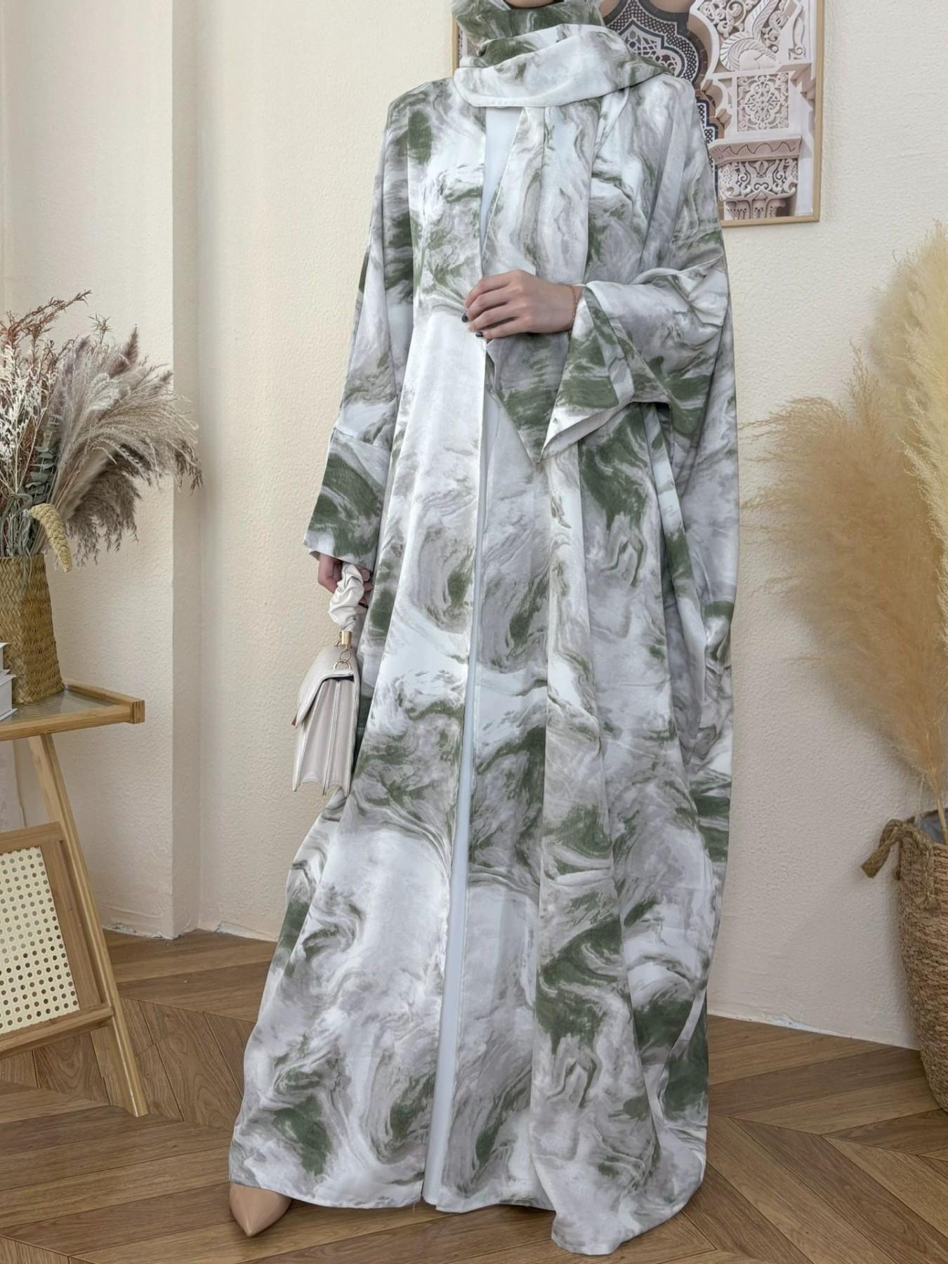Women's Marble Print Long Abaya, Loose Fit Islamic Fashion Cardigan, Casual Front Open Coat, No Headscarf Included