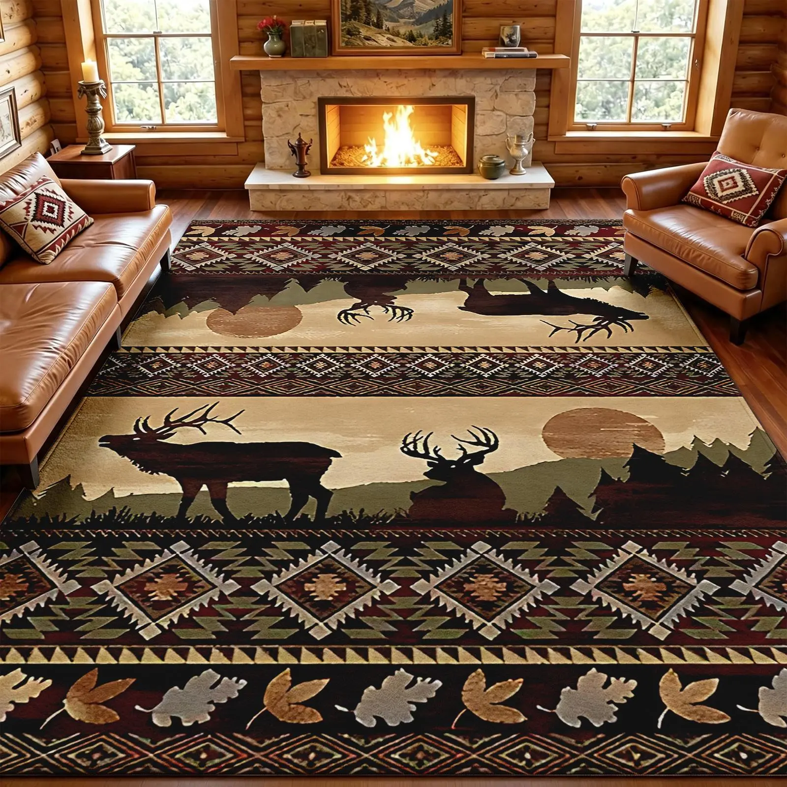 Rustic Forest Deer Area Rug (Various Sizes) – Faux Cashmere Low Pile, Non-Slip Backing, Stain-Resistant Machine Washable – Room Decor for Living Room, Bedroom, Dining Room, Office Spaces, Cozy Cabin Home Decor, Housewarming Gift