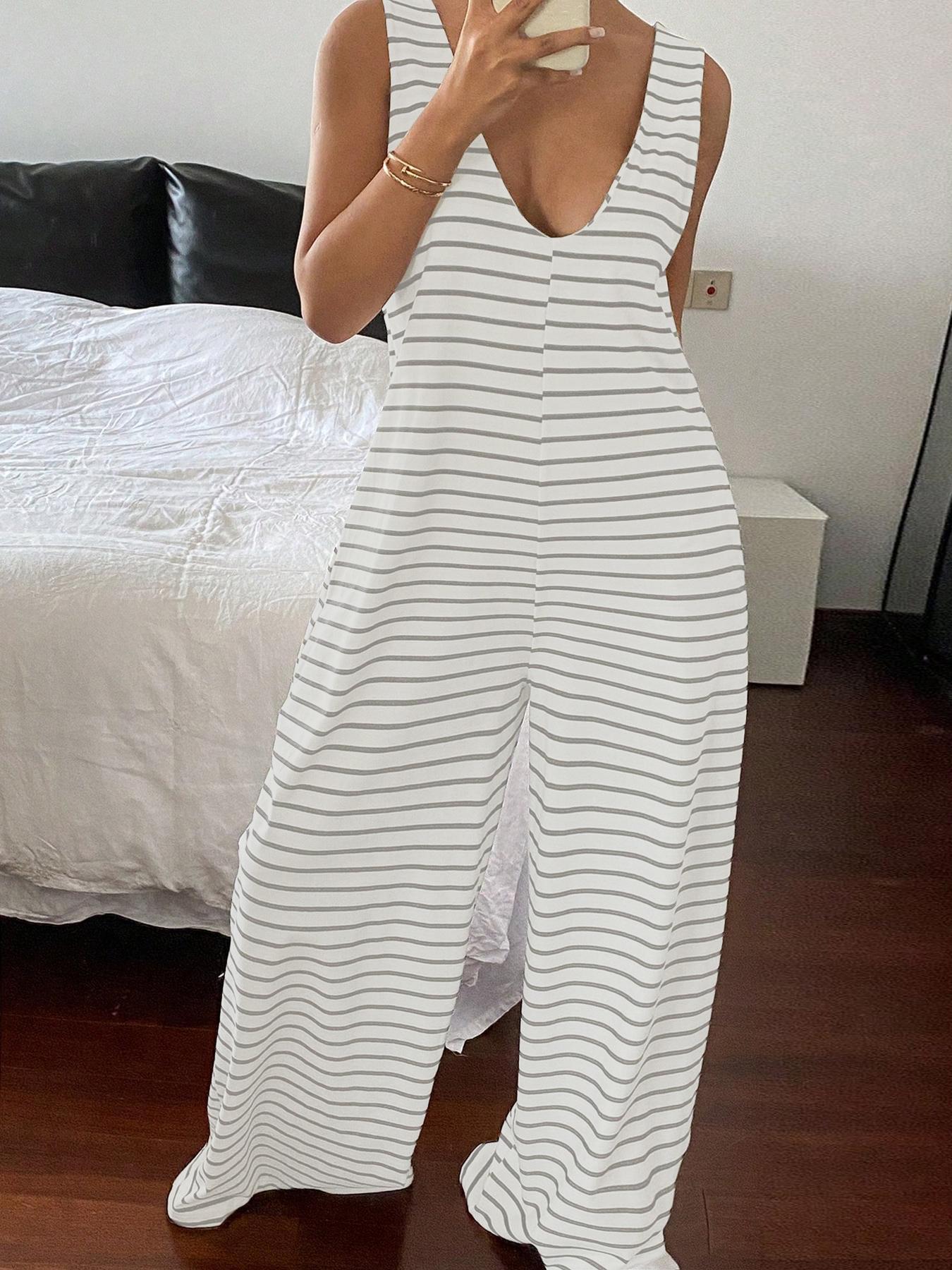 Women's Striped Sleeveless Loose Fit Jumpsuit, Casual Spring & Fall Fashion, Comfortable One-Piece for Daily Wear