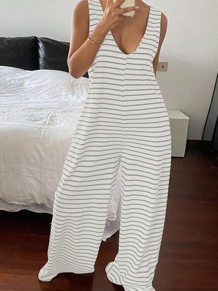 Women's Striped Print   Jumpsuit, Casual Comfy Sleeveless Jumpsuit for Spring & Fall, Women's Jumpsuit for Daily Wear