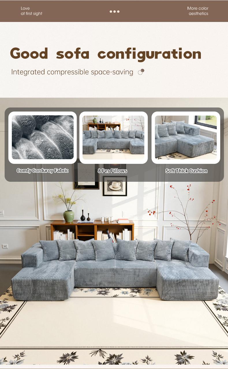 132'' U-Shape Modular Sectional Couch – Boneless Compressed Corduroy Sectional, Modern Convertible Sleeper Sofa for Living Room, Space-Efficient Corduroy Sectional (3 Packages Shipping)