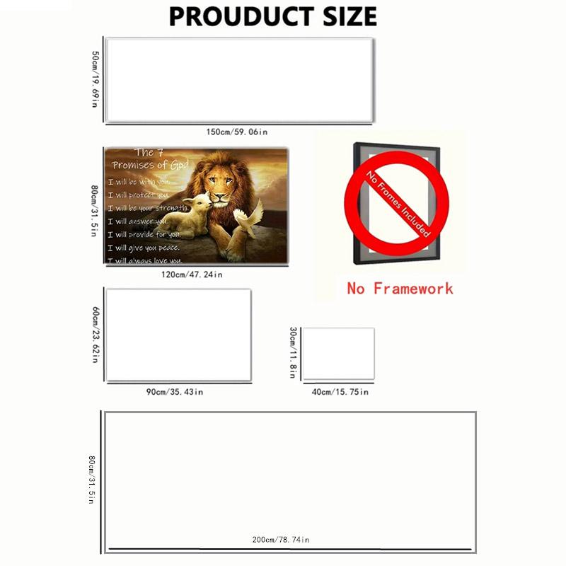 【2D flat】Lion, lamb, white bird, the seven great promises of God. A frameless minimalist canvas wall art, stylish themed decoration, suitable for sofa, dining room, living room, hallway, art mural decoration.