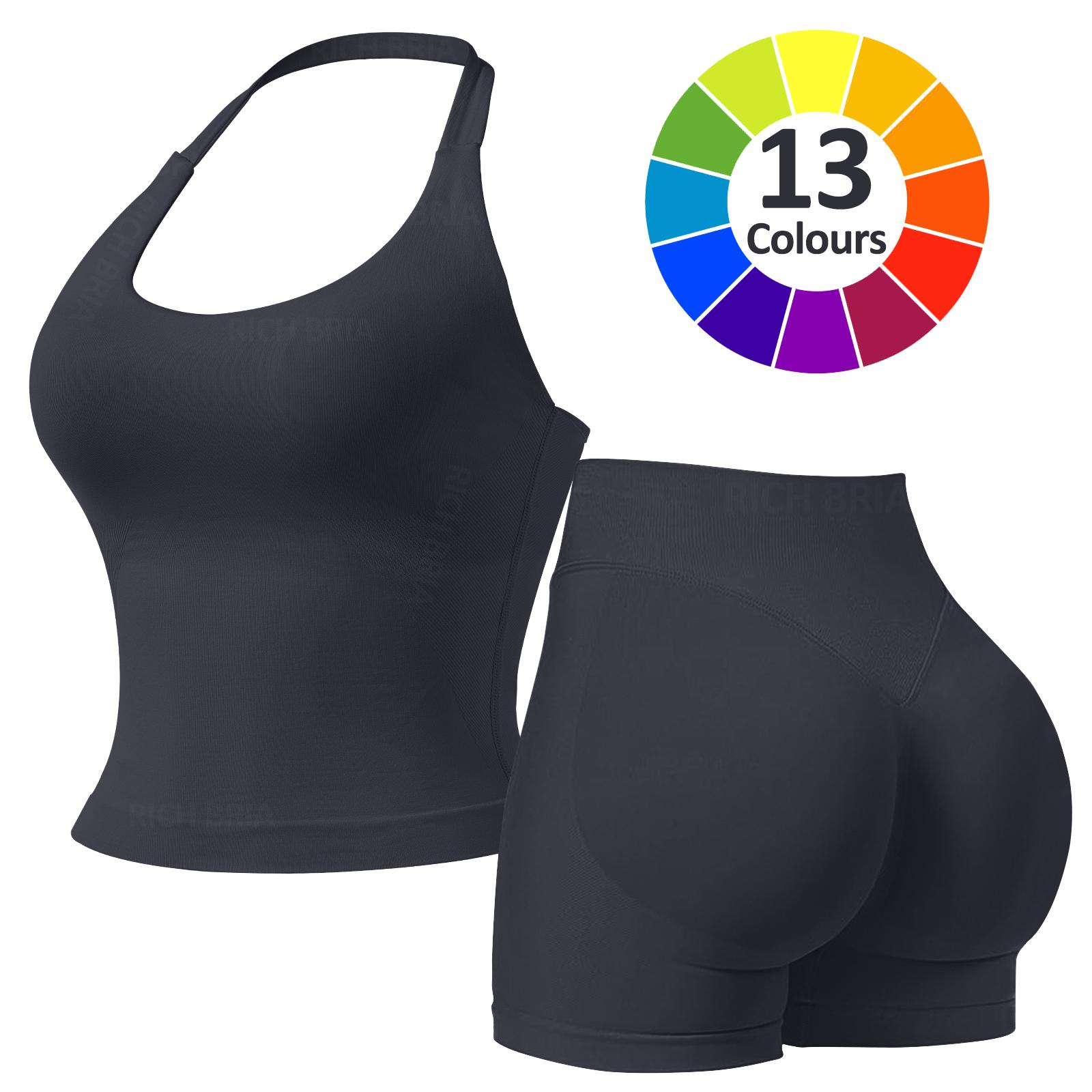 RICH BRIA Women's Solid Color Halter Top & High Waist Shorts Sports Set, Sporty Breathable Quick Drying Outfits for Yoga Gym Fitness Running, Ladies Sportswear for Summer, Workout Clothes, Workout Gym Clothing, Athletic Sports Clothing, Athleisure Wear