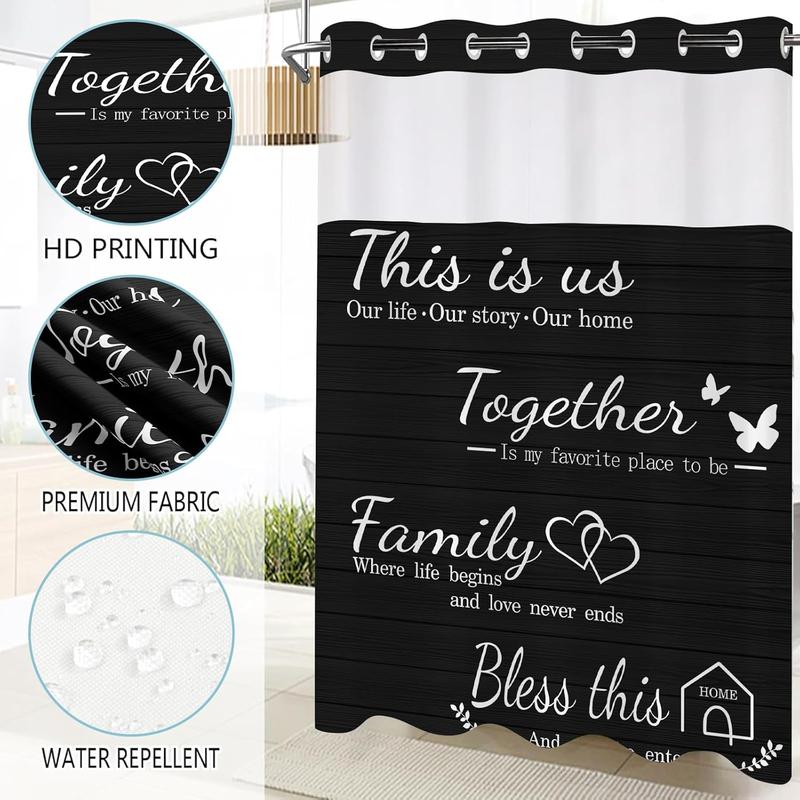No Hook Black Family Shower Curtain with Snap-in Polyester Liner Set, Family Shower Curtain for Bathroom, See Through Top Bath Curtain,Waterproof & Machine Washable, 72 x 75 Inch