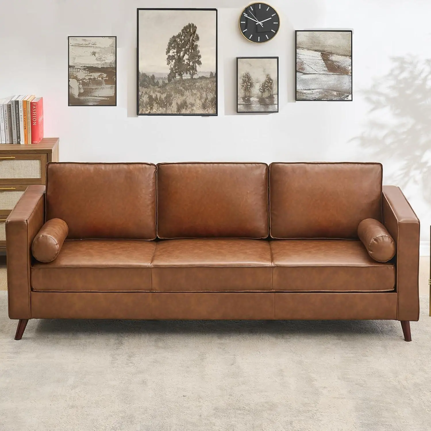 Garvee 86" Leather Sofa, Mid-Century Modern Deep Seat Couch, Upholstered Cushion&Removable Cover, PU Couch, 3-Seat Sofa for Living Room, Apartment, Office, Dark Brown