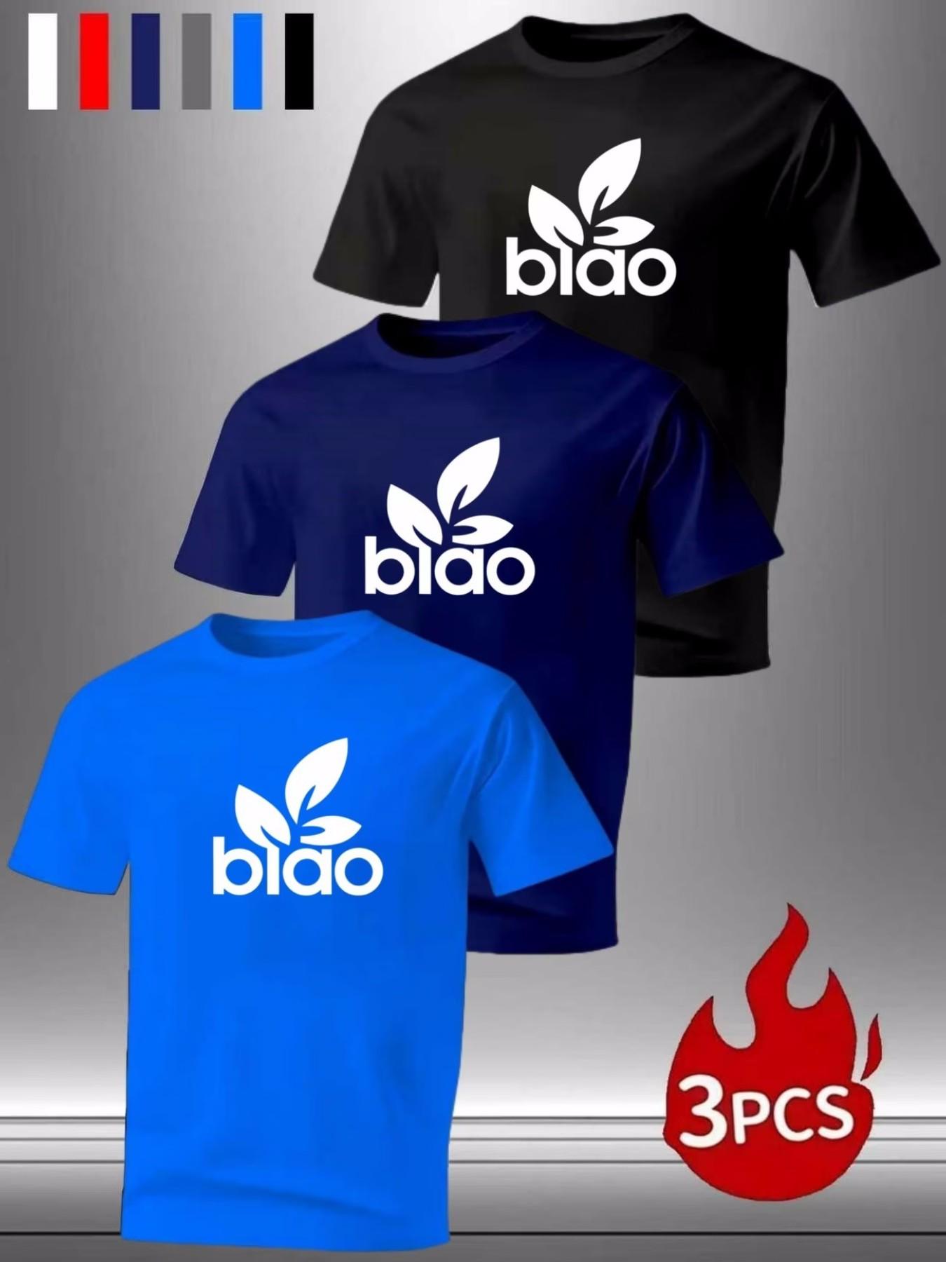 3-Pack Men's "biao" Leaf Logo Crewneck T-Shirts, Casual Short Sleeve Tops for Everyday & Streetwear