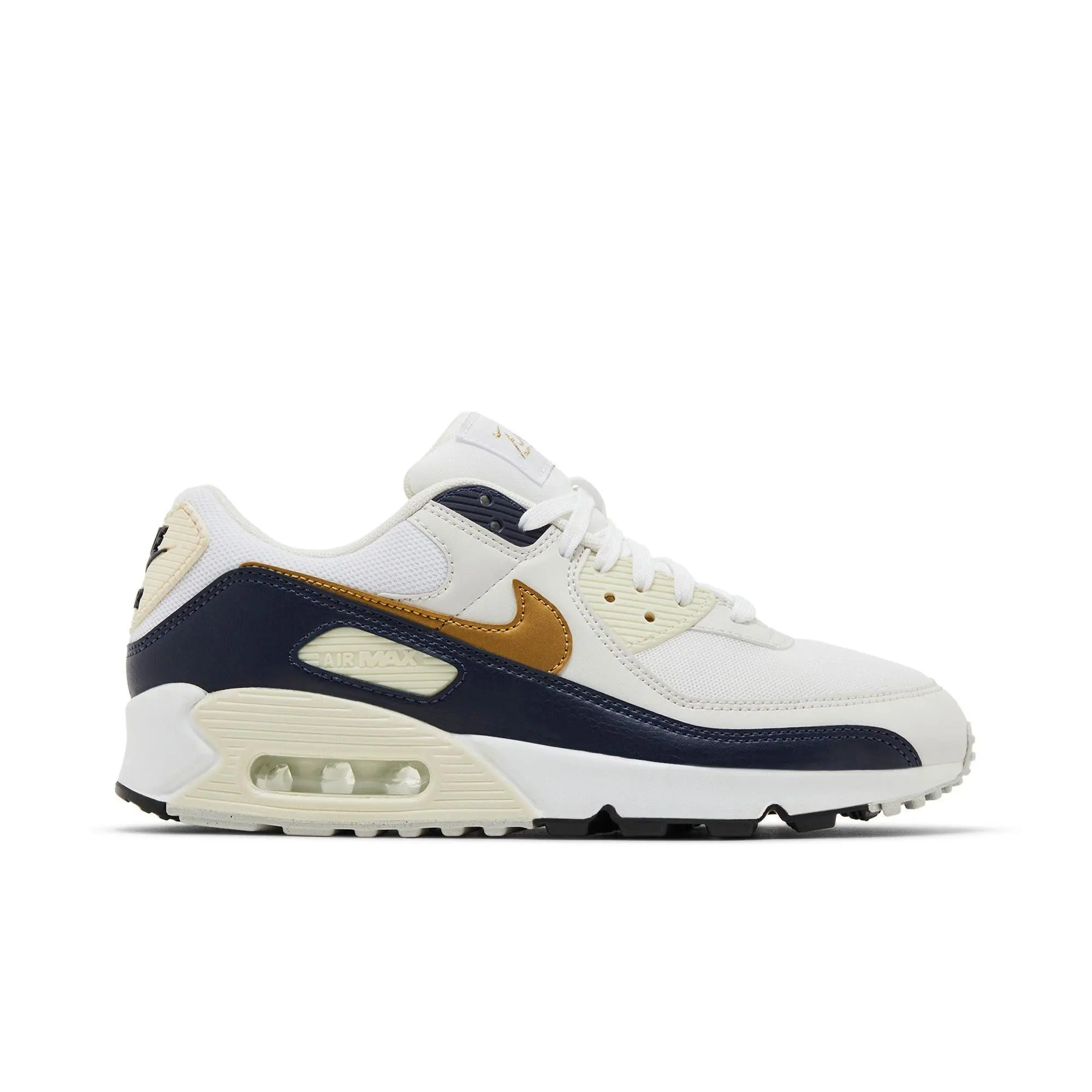 NIKE Women's Air Max 90 'Olympic' Cushioned Running Shoes, White/Navy/Coconut Milk, Style HF3444-100 (Women's Sizes)