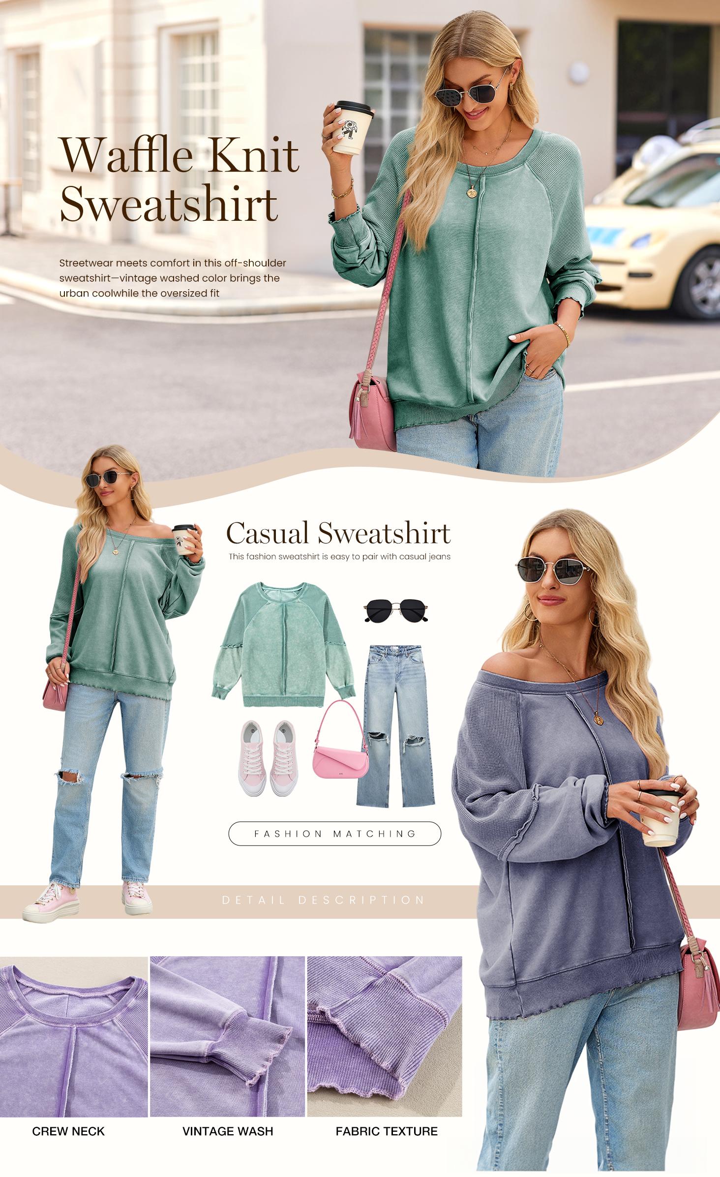 Shewin 2026 Spring Cozy Distressed Waffle Knit Sweatshirt Women’s Long Sleeve Pullover Soft Layering for Casual Daily Leisure Looks Ultra-soft Lightweight & Breathable Tie-Dye Fabric - Womenswear SpringStatements