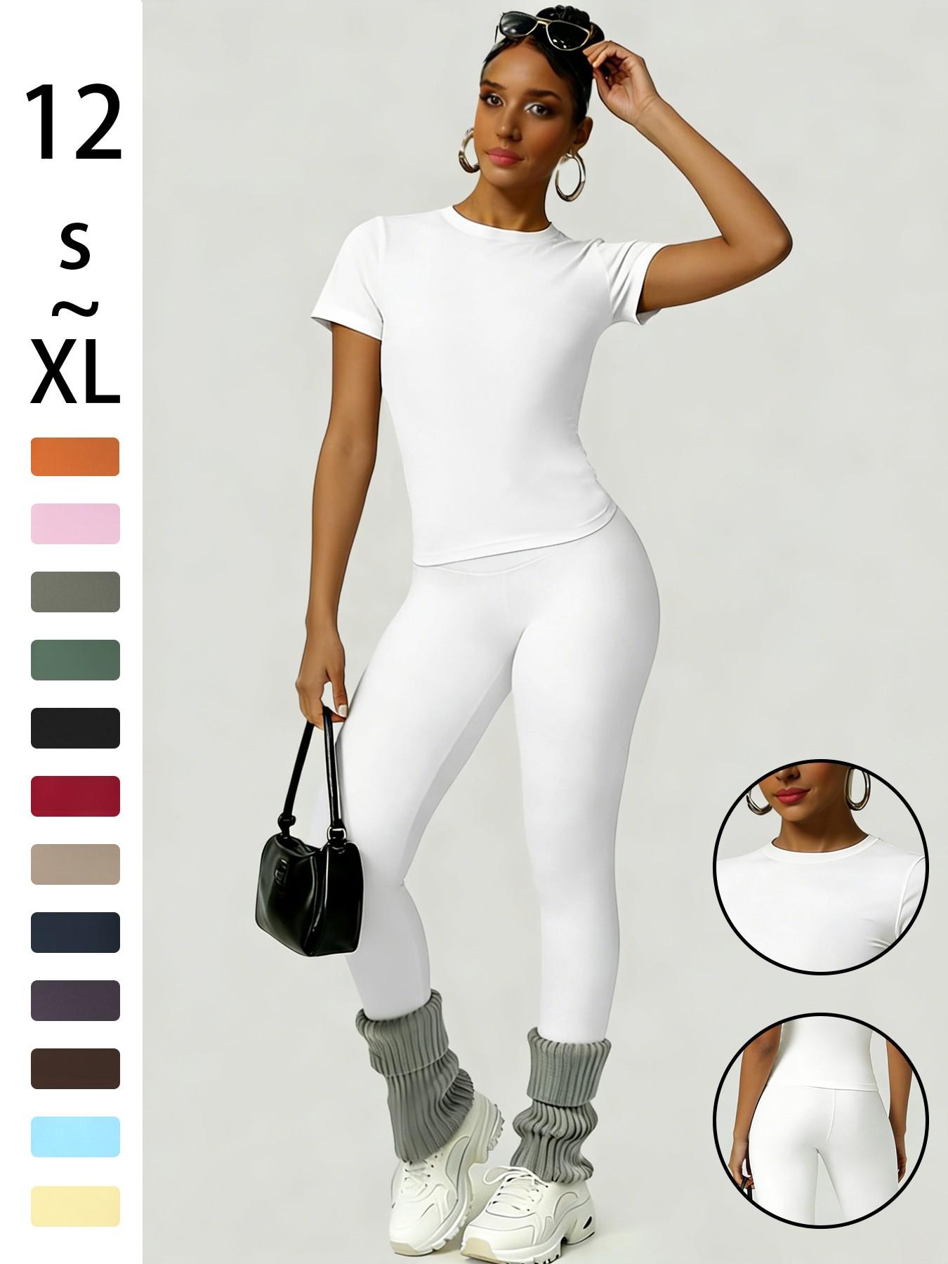 Women's Slim-Fit Round Neck Short Sleeves Top & High-Waisted Yoga Pants Sportswear Set, Ideal for Gym Running and Outdoor Activities