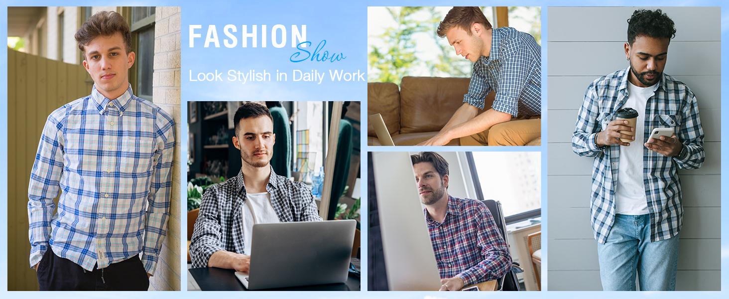 2-Pack Alimens & Gentle Men's Plaid Button Down Shirts Cotton Long Sleeve Dress Shirts Regular Fit Gingham Shirts Top Menswear