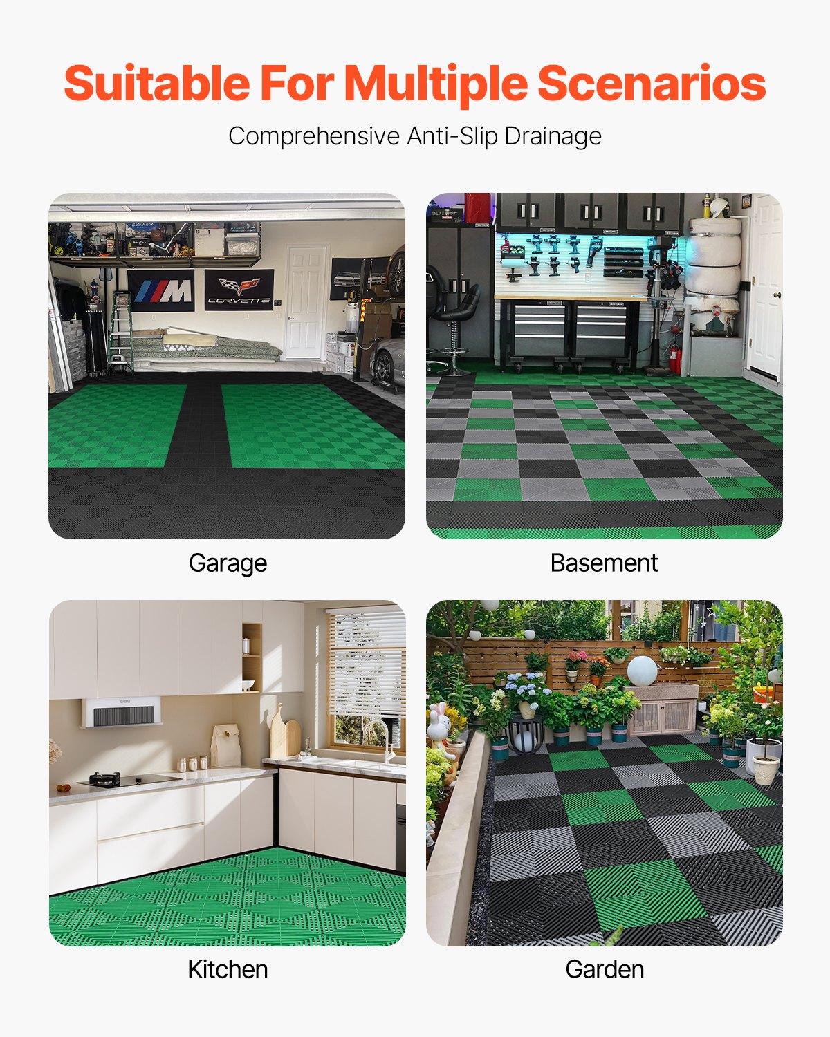 VEVOR Interlocking Drainage Mat, 50 Pcs Modular Interlocking Cushion, 12" x 12" Splicing Drainage Mats, Non-Slip Green PP Drainage Floor Tile and Shower Mat, for Garage, Garden, Kitchen & Outdoor VEVOR Interlocking Drainage Mat, 50 Pcs Modular Interlocking Cushion, 12" x 12" Splicing Drainage Mats, Non-Slip Green PP Drainage Floor Tile and Shower Mat, for Garage, Garden, Kitchen & Outdoor