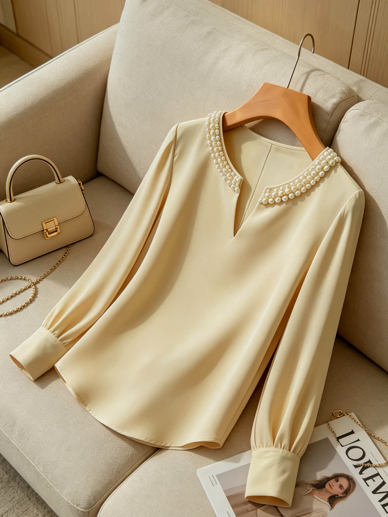 A women's pearl collar top, Blouse, with a V-neck small open neck, loose and versatile, showing off a slimming temperament. It is suitable for summer, business negotiations, customer meetings, commuting