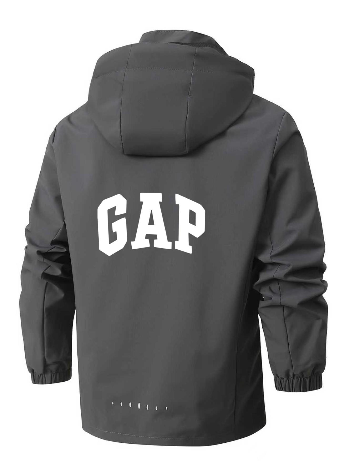 Men's Lightweight Polyester Fashion Hooded Jacket, Gap Print Design with Full and Half Zipper, Casual Outerwear for Spring & Fall
